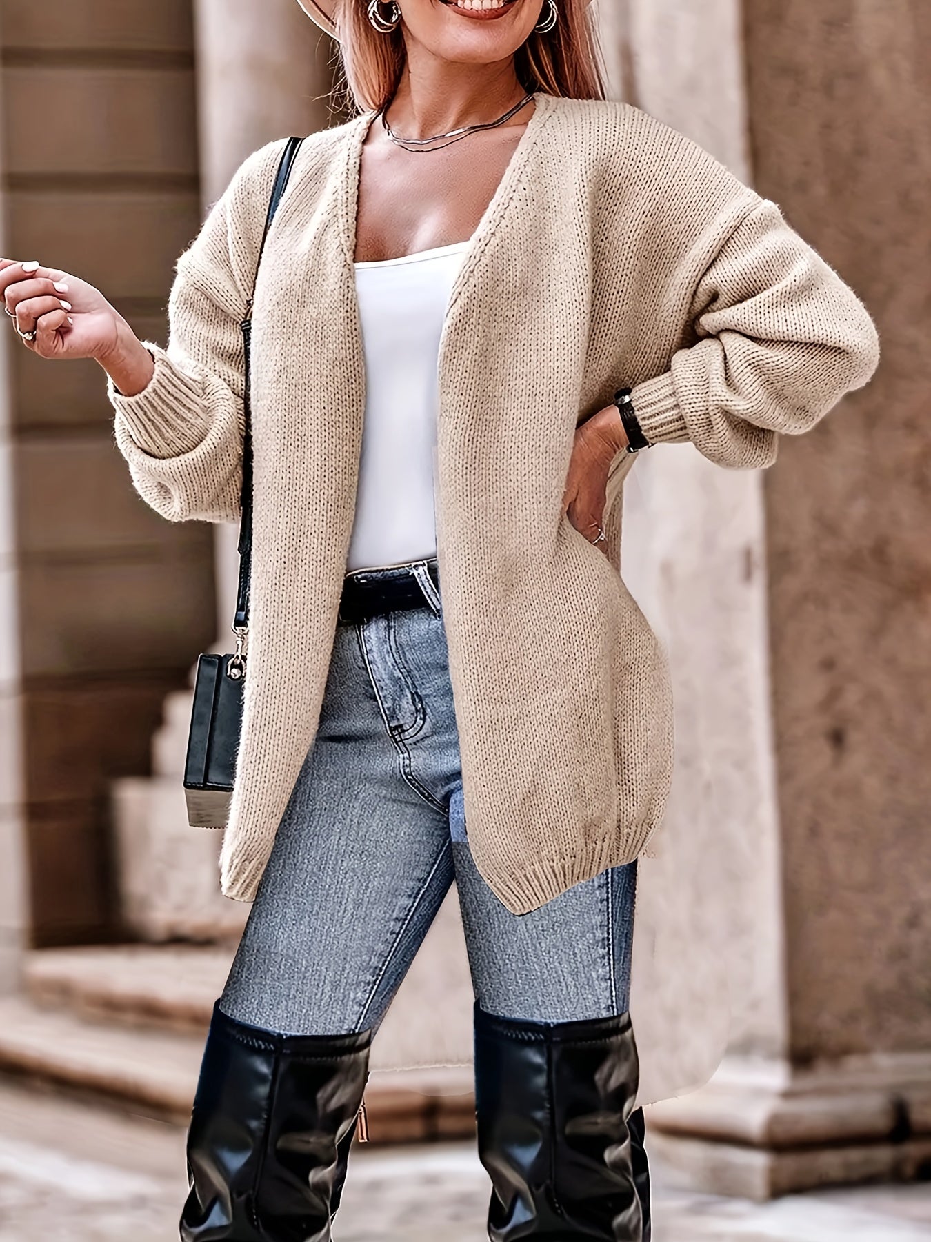 Sixsr Plus Size Casual Cardigan, Women's Plus Plain Long Sleeve Open Front High Stretch Cardigan