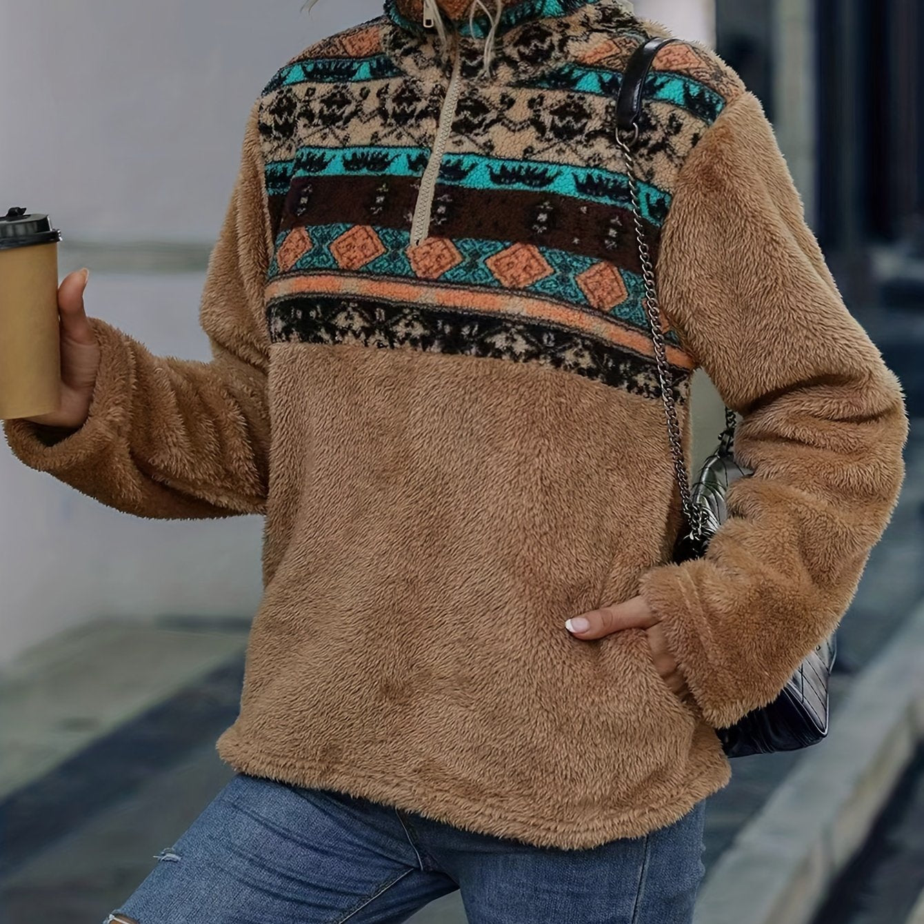 Sixsr Ethnic Pattern Teddy Coat, Vintage Zipper Long Sleeve Outerwear, Women's Clothing