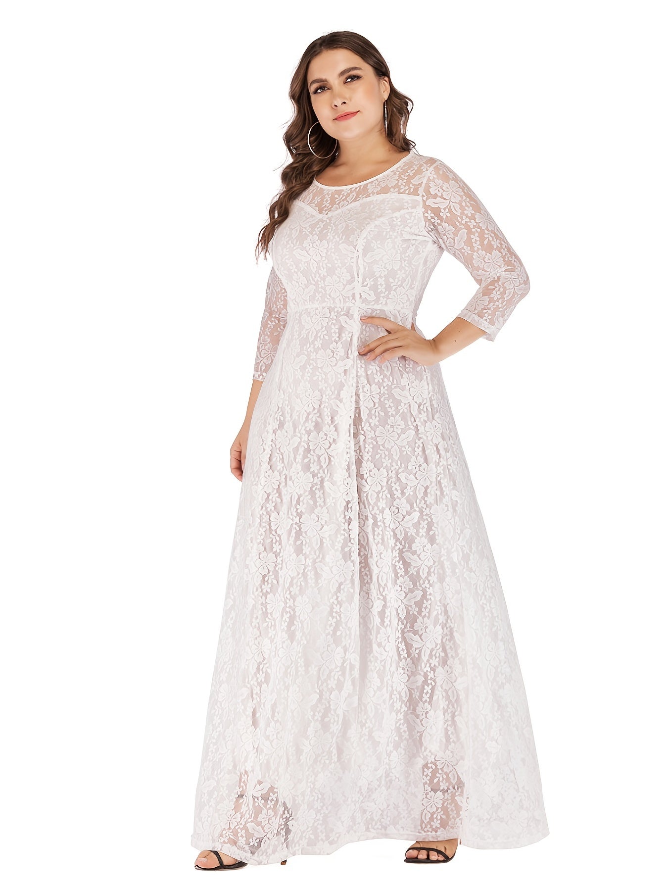 Sixsr Plus Size Romantic Wedding Dress, Women's Plus Floral Lace Long Sleeve Round Neck Lined Formal Party Dress