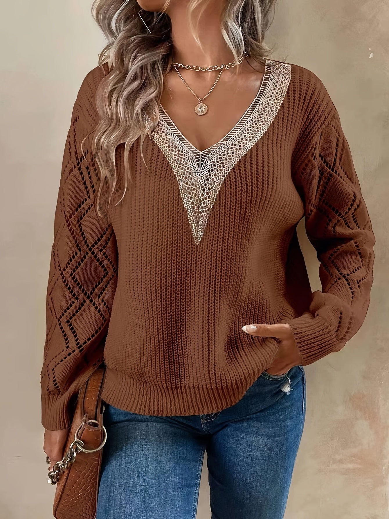 Sixsr Solid V Neck Knitted Sweater, Hollow Out Long Sleeve Casual Sweater For Fall & Winter, Women's Clothing