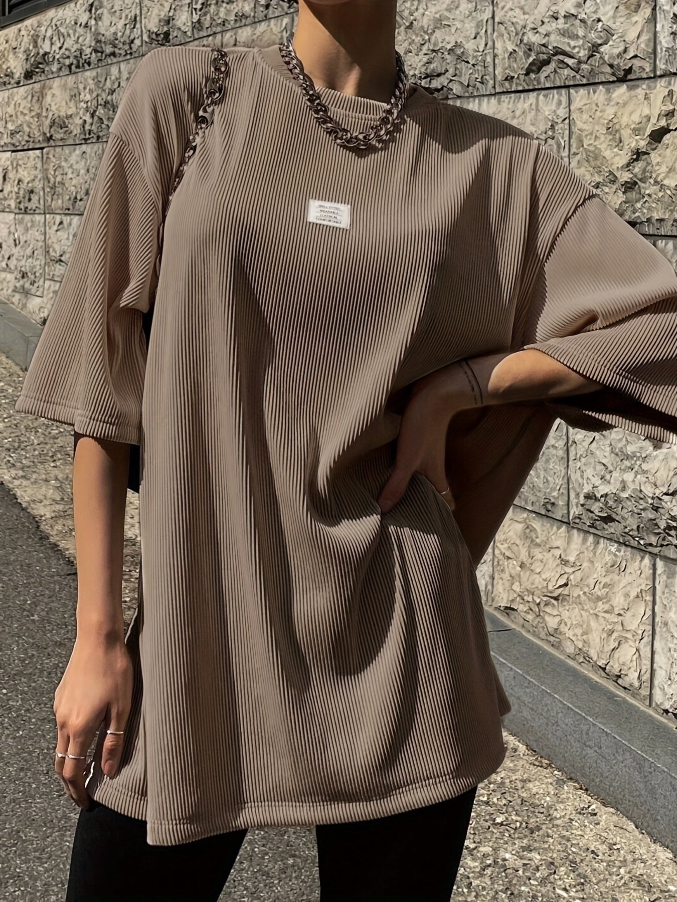 Sixsr Oversized Drop Shoulder Ribbed T-Shirt, Casual Crew Neck Short Sleeve T-Shirt For Spring & Summer, Women's Clothing