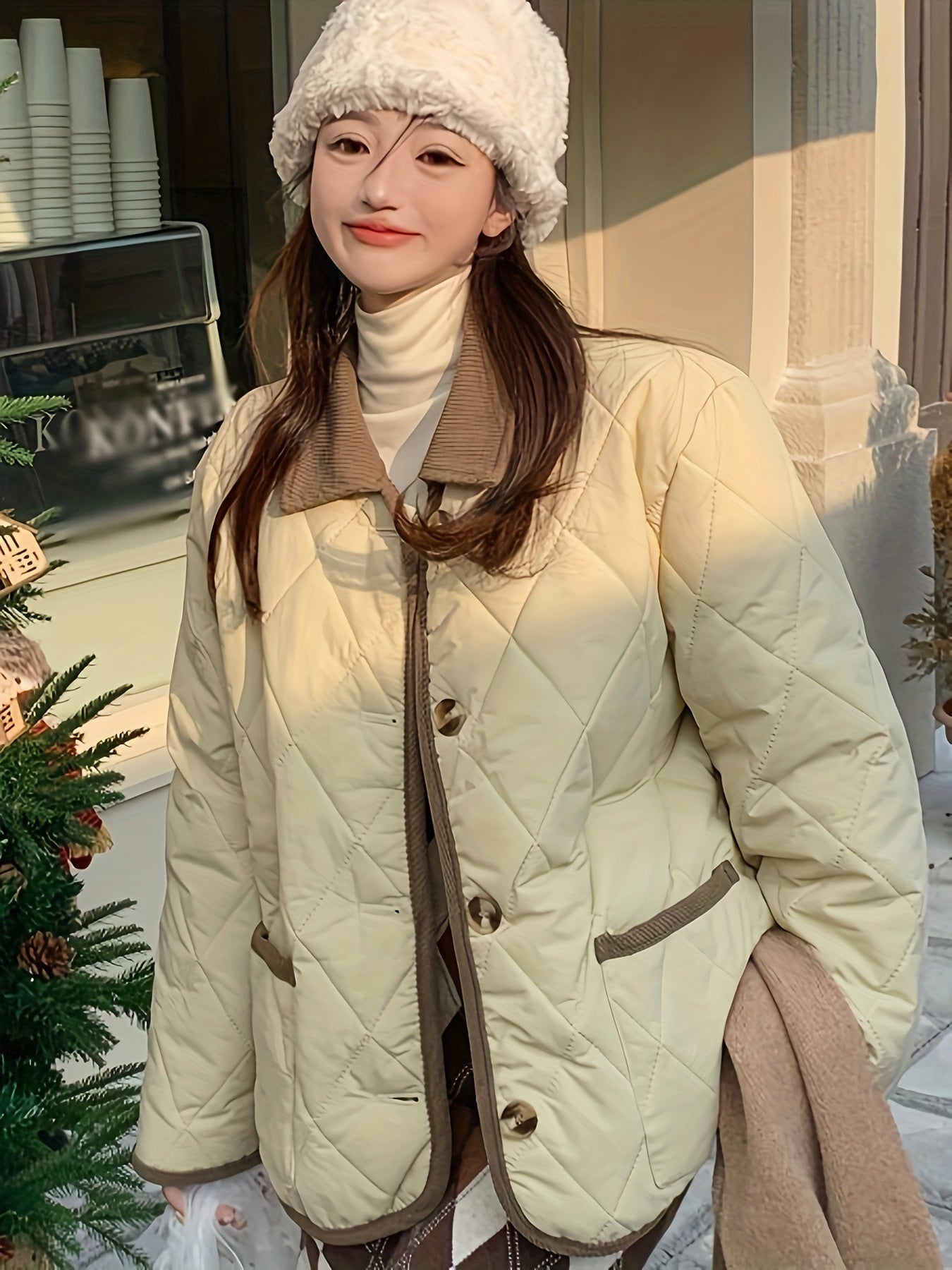 Sixsr Contrast Trim Button Front Jacket, Casual Long Sleeve Outerwear With Pockets, Women's Clothing