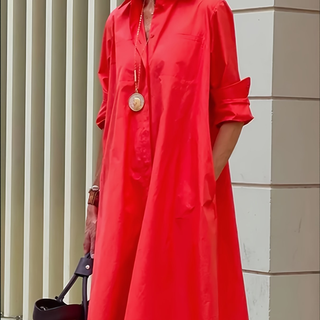 Sixsr Casual Solid Pocket Dress, Long Sleeves V-neck Simple Mid-length Fashion Commuter Dresses, Women's Clothing
