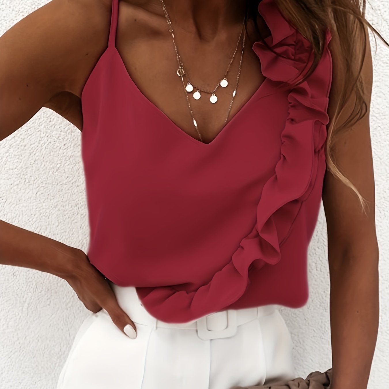 Ruffle Hem Spaghetti Strap Top, Elegant V-neck Sleeveless Cami Top For Summer, Women's Clothing