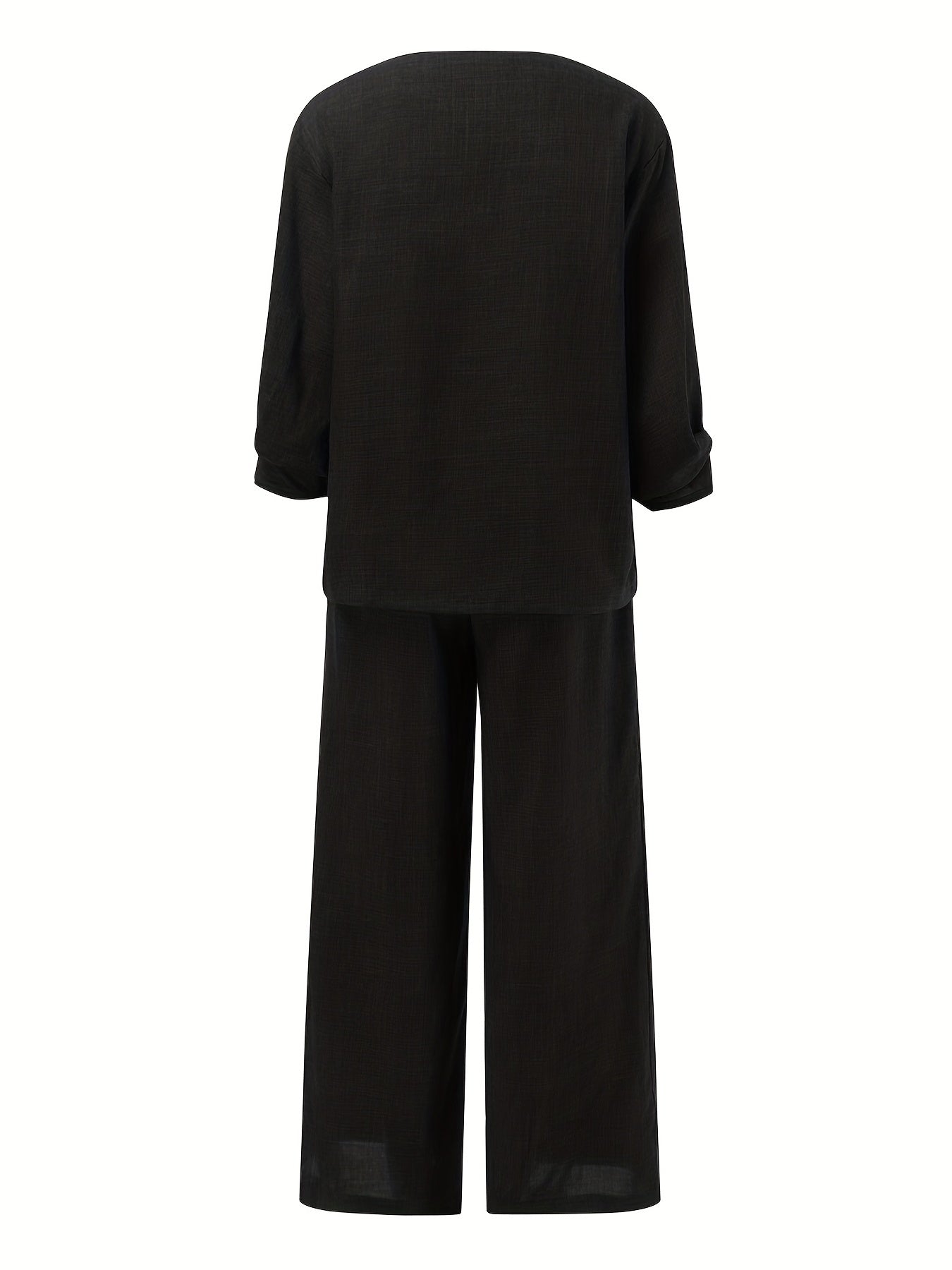 Sixsr Solid Casual Two-piece Set, V Neck Lantern Sleeve Tops & Wide Leg Pants Outfits, Women's Clothing