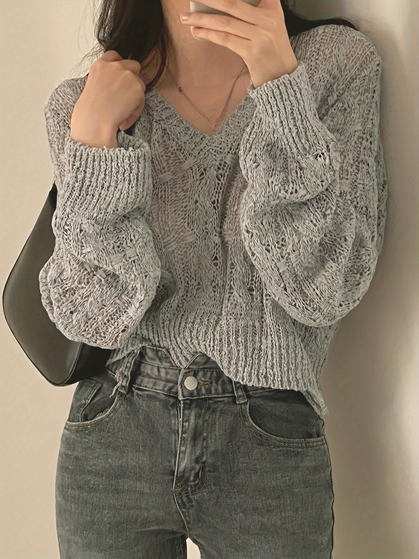 Solid V Neck Pullover Sweater, Casual Long Sleeve Thin Knit Sweater, Women's Clothing