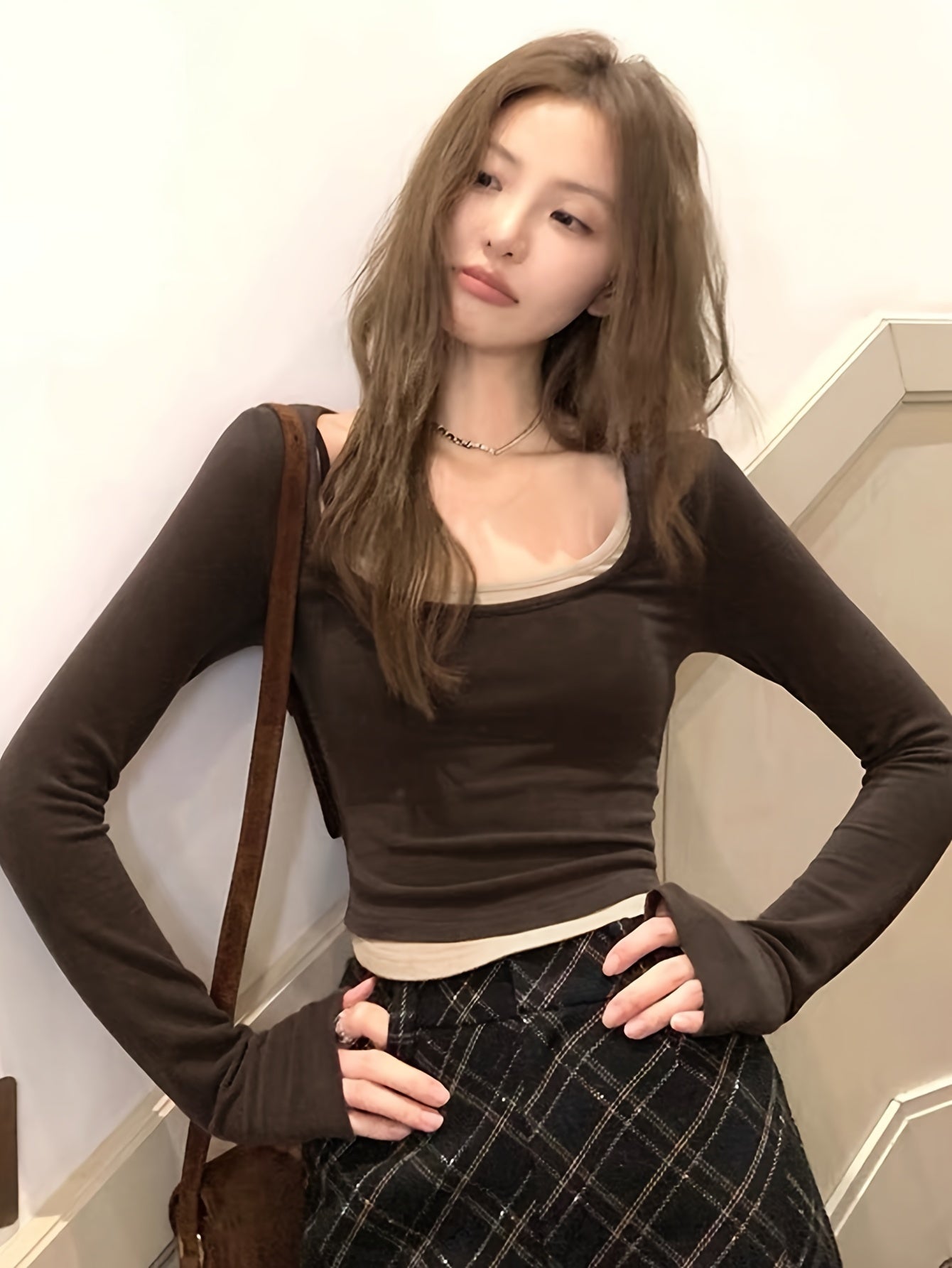 Sixsr Contrast Trim Crew Neck Crop T-Shirt, Casual Long Sleeve T-Shirt For Spring & Fall, Women's Clothing