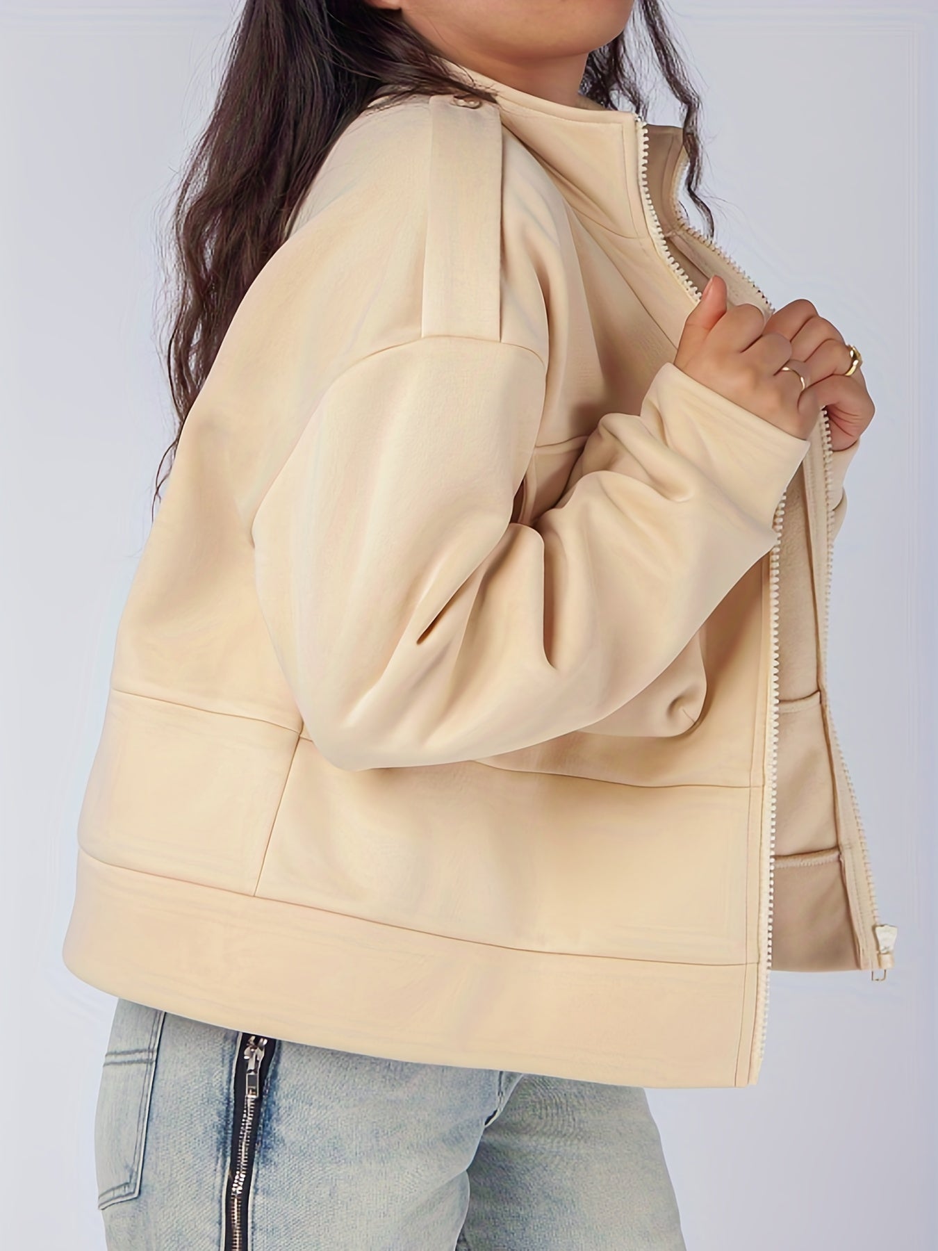 Sixsr Plus Size Casual Jacket, Women's Plus Solid Zipper Long Sleeve Mock Neck Slight Stretch Jacket