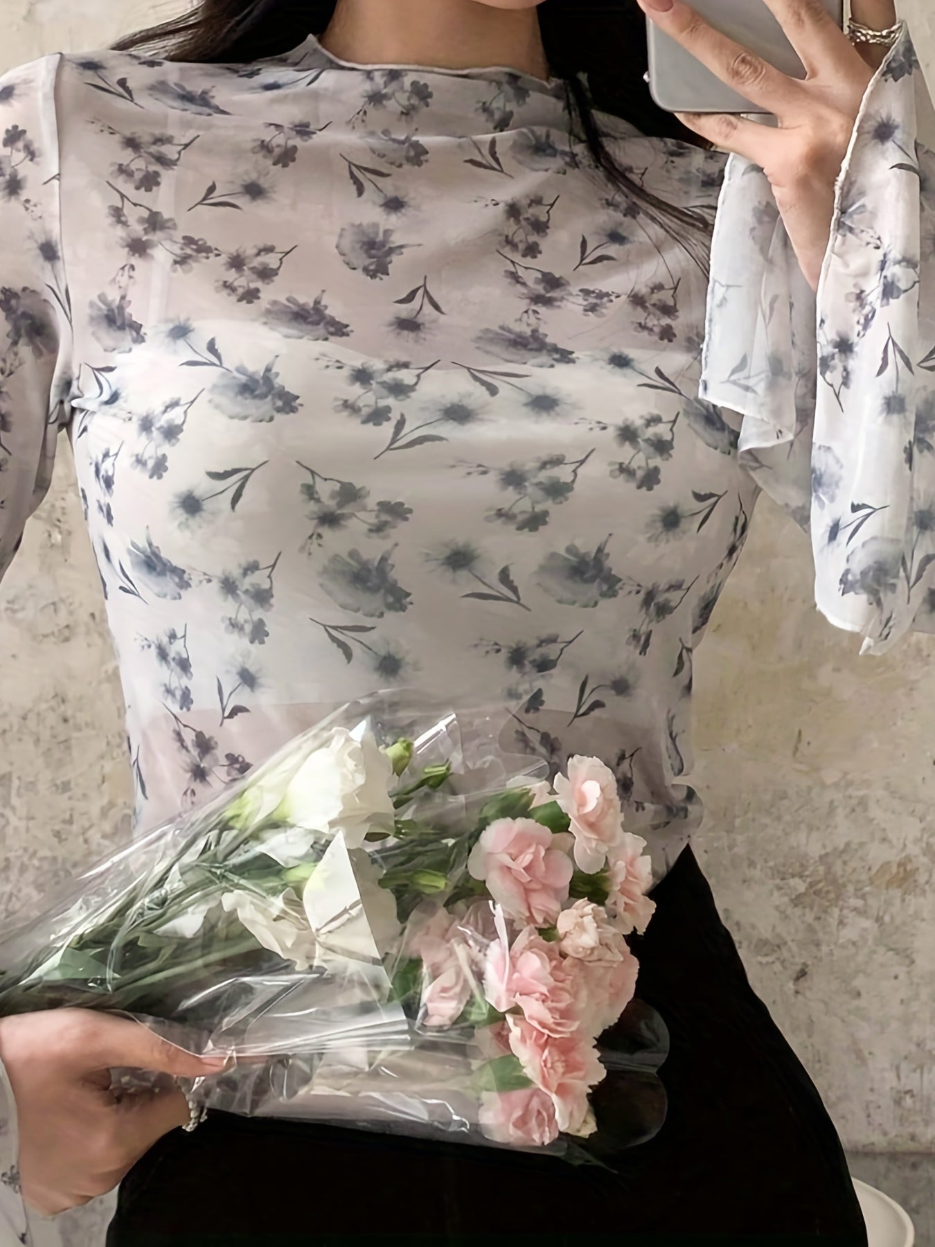 Sixsr Floral Print Flared Sleeve Blouse, Casual Crew Neck Semi-Sheer Blouse, Women's Clothing
