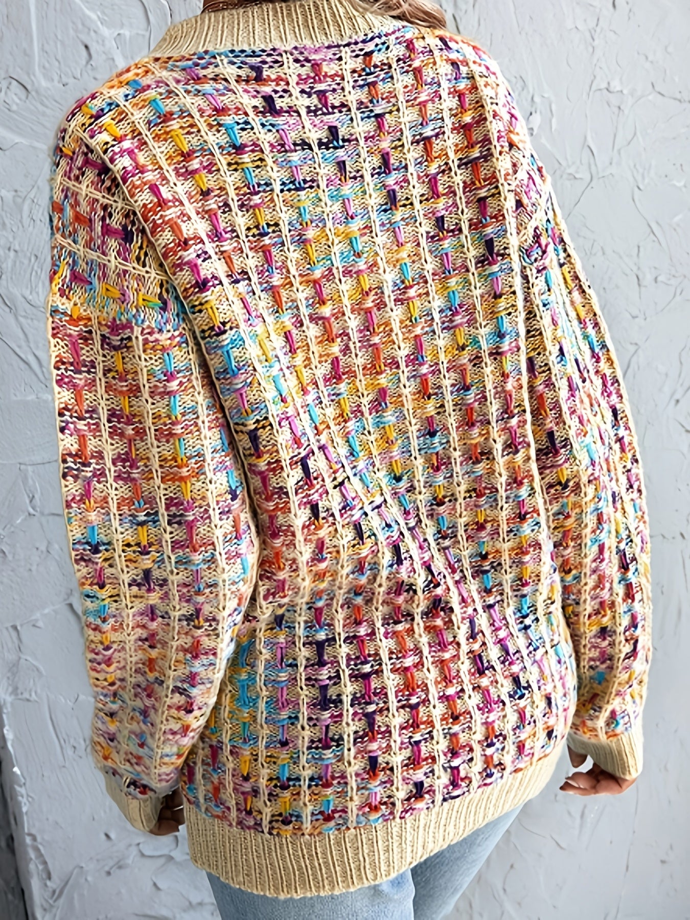 Sixsr Colorful Knit Sweater, Casual Crew Neck Long Sleeve Sweater, Women's Clothing