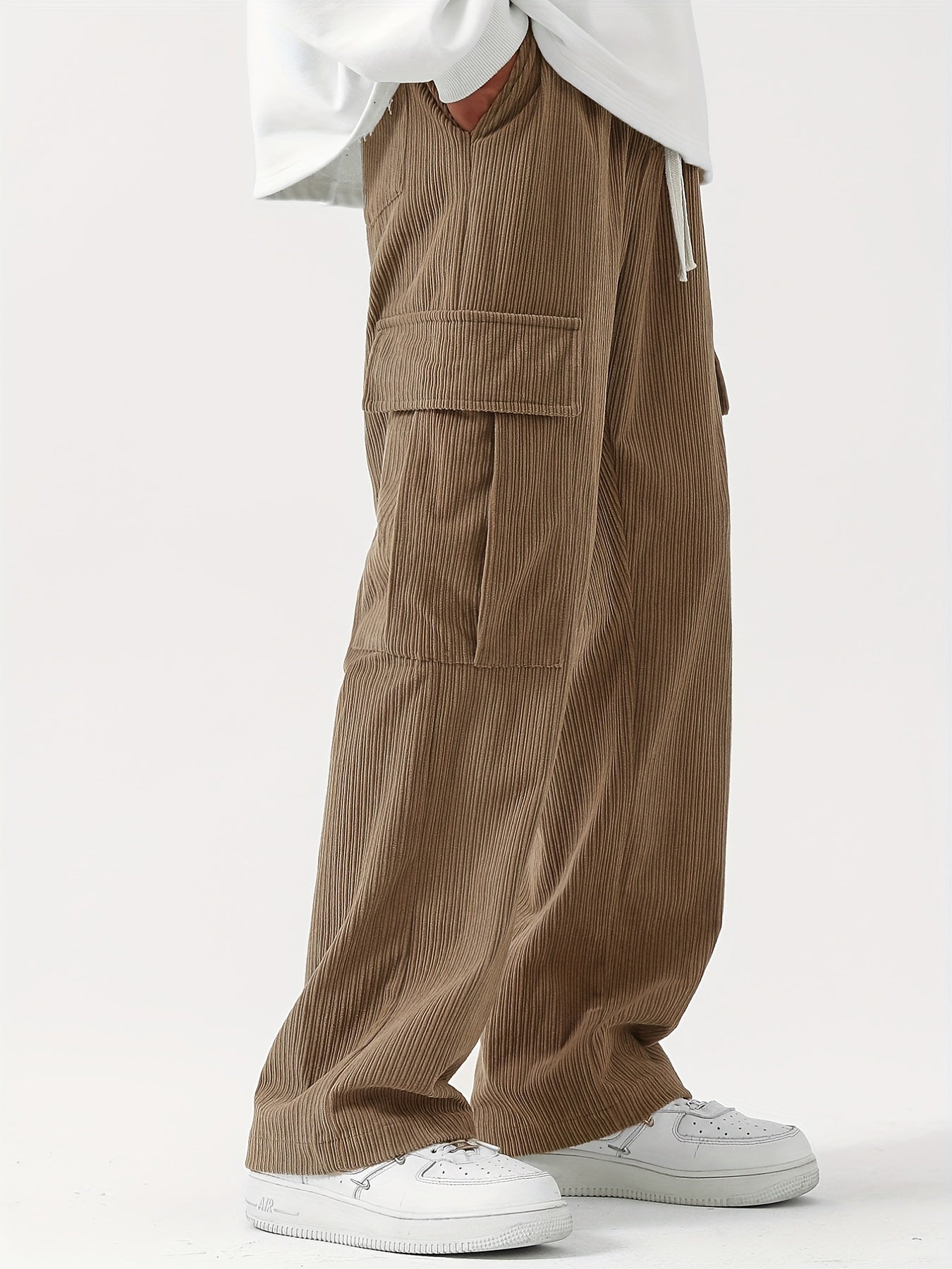 Sixsr Corduroy Multi Flap Pockets Men's Straight Leg Cargo Pants, Loose Baggy Pant Casual Outdoor Pants, Men's Work Pants For Hiking Fishing Angling