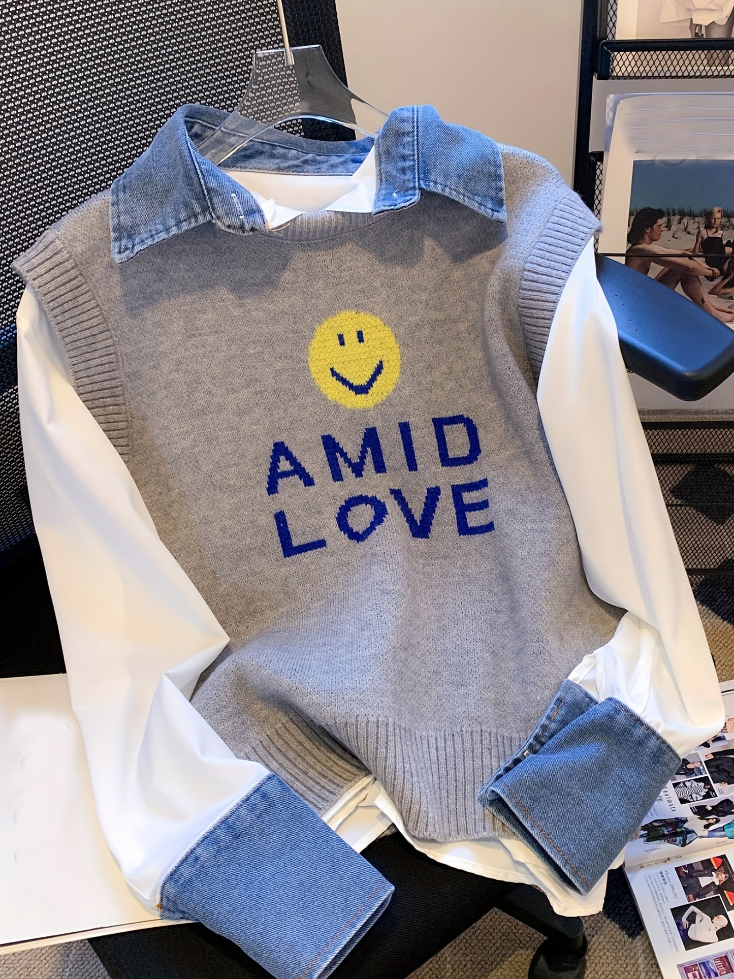 Smile Face & Letter Print Sweater Vest, Casual Sleeveless Vest For Fall & Winter, Women's Clothing