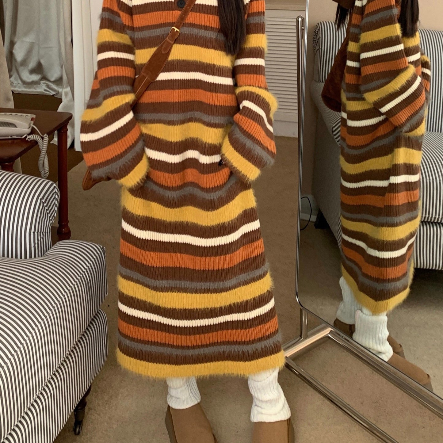 Striped Print Loose Sweater Dress, Casual Long Sleeve Dress For Fall & Winter, Women's Clothing