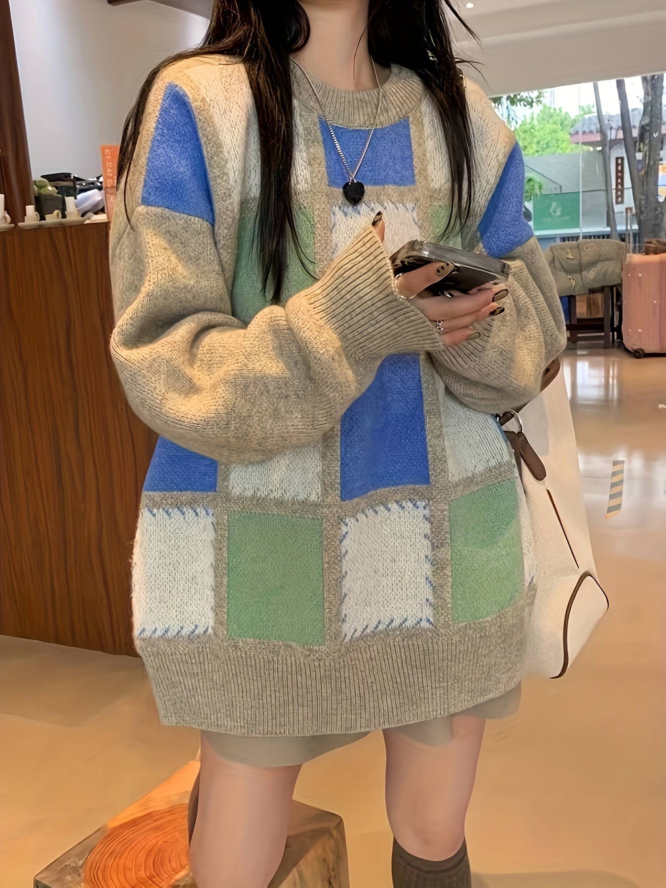 Sixsr Color Block Plaid Pullover Sweater, Casual Long Sleeve Crew Neck Sweater, Women's Clothing