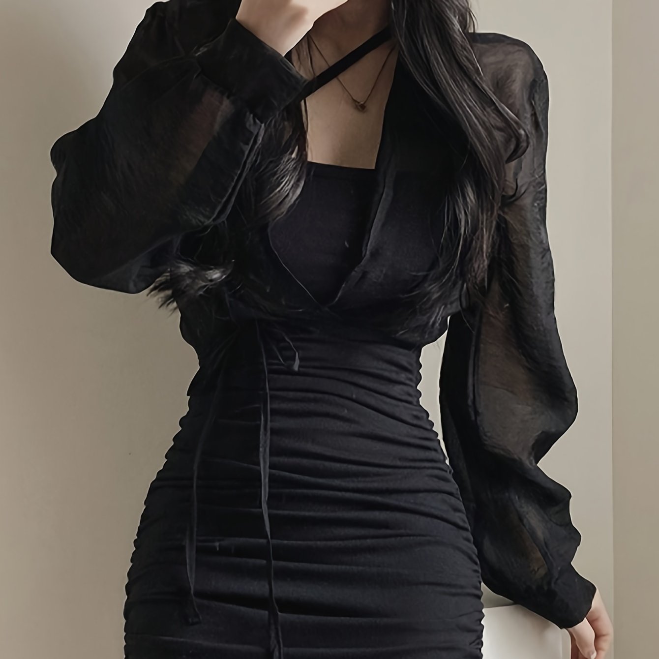 Sixsr Solid Wrap Tie Crop Mesh Blouse, Versatile Long Sleeve Blouse For Spring & Fall, Women's Clothing