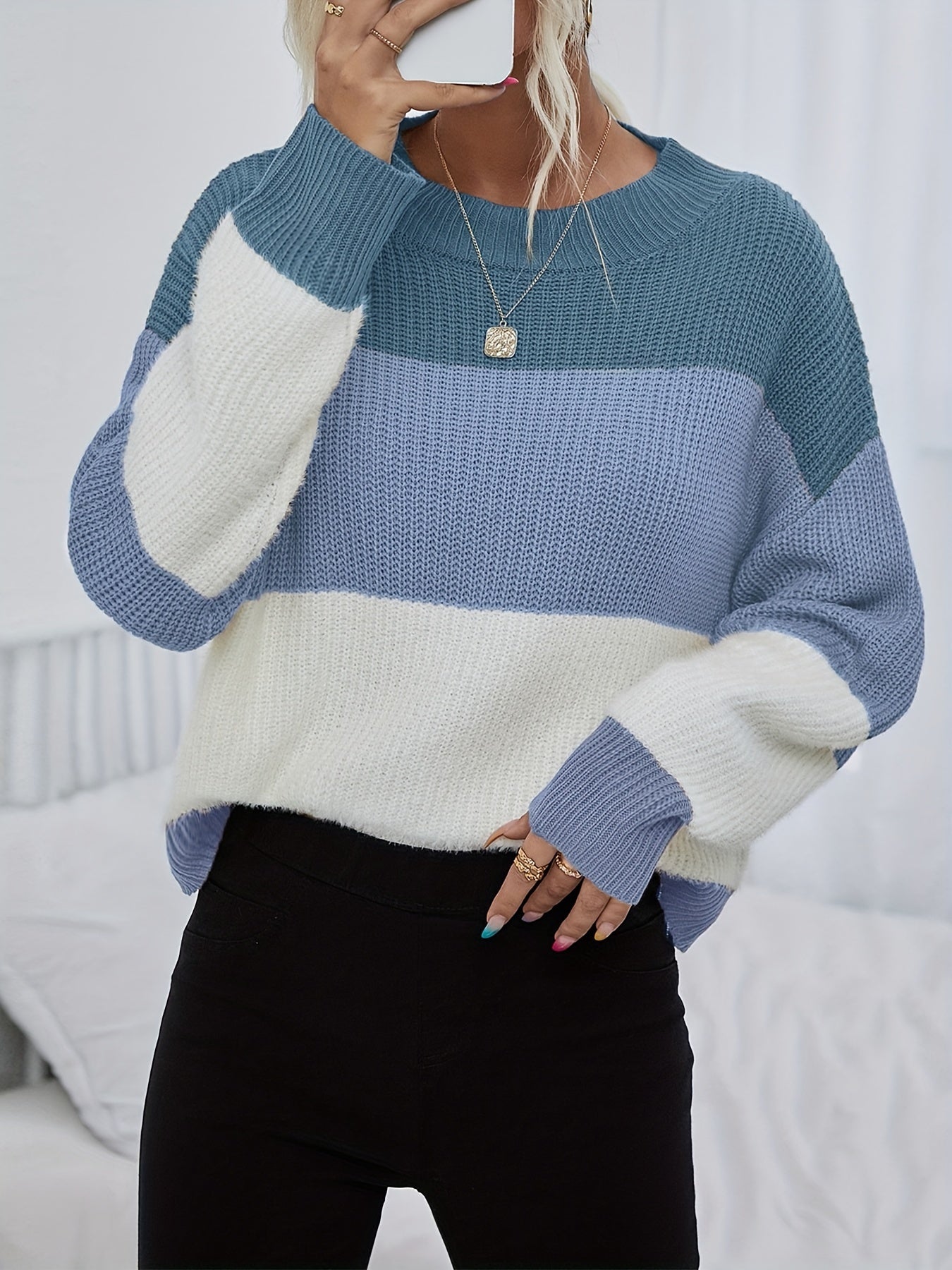 Sixsr Color Block Crew Neck Pullover Sweater, Casual Long Sleeve Drop Shoulder Sweater, Women's Clothing