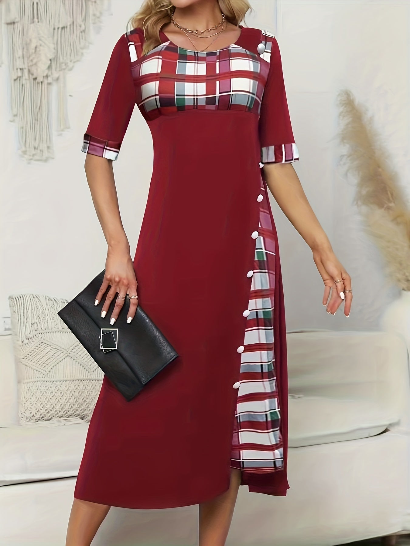 Sixsr Plus Size Casual Dress, Women's Plus Plaid Print Button Decor Short Sleeve Dress With Pockets