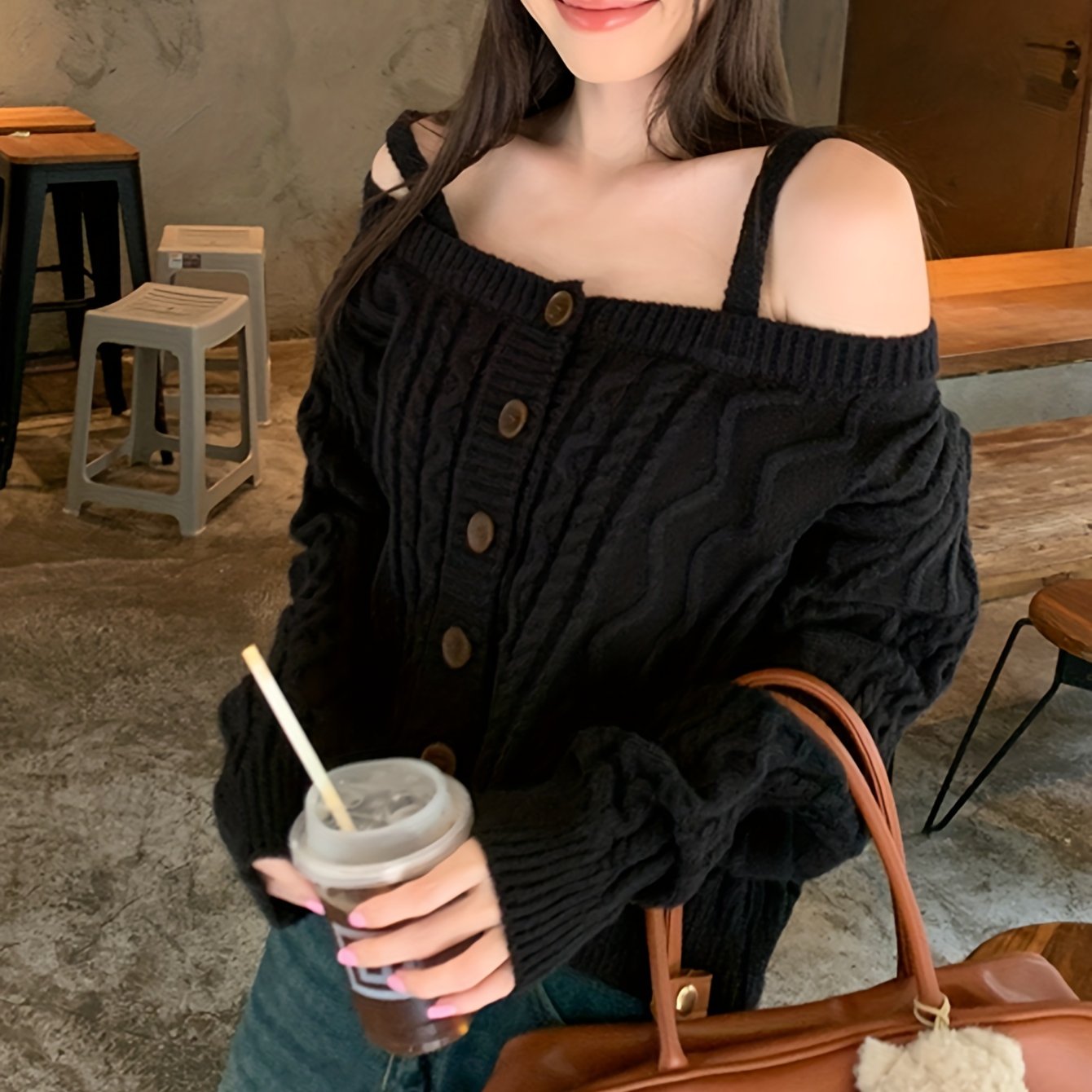 Sixsr Solid Off Shoulder Cable Knit Cardigan, Casual Button Down Fashion Sweater, Women's Clothing