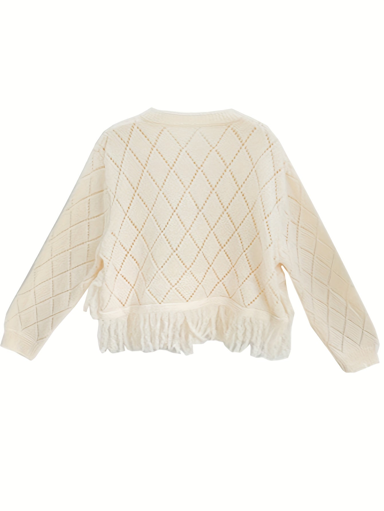 Sixsr Tassel Hem Pointelle Knit Cardigan, Preppy Long Sleeve Cardigan For Fall & Winter, Women's Clothing