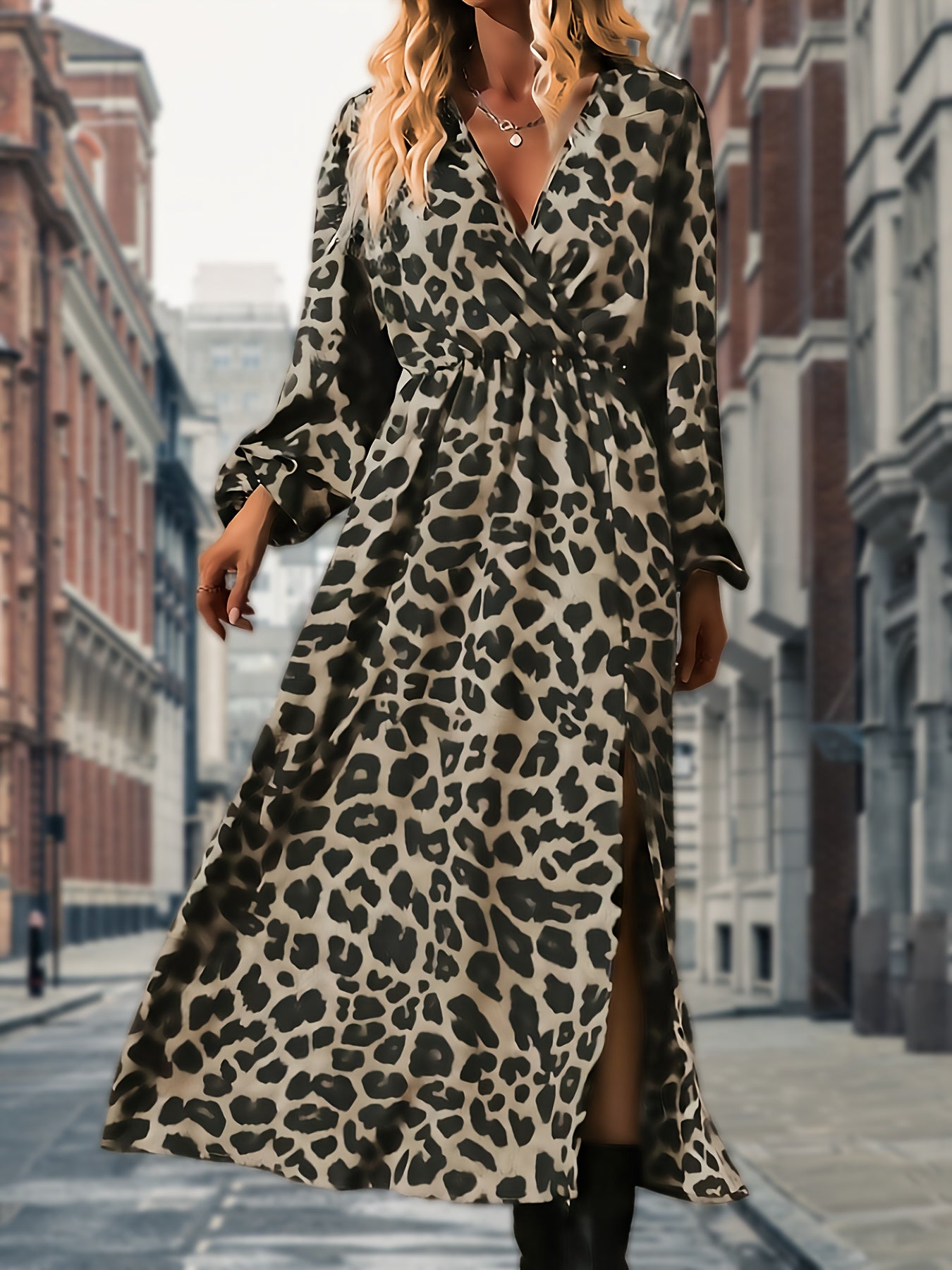Sixsr Leopard Print V Neck Dress, Boho Lantern Sleeve Split Dress, Women's Clothing