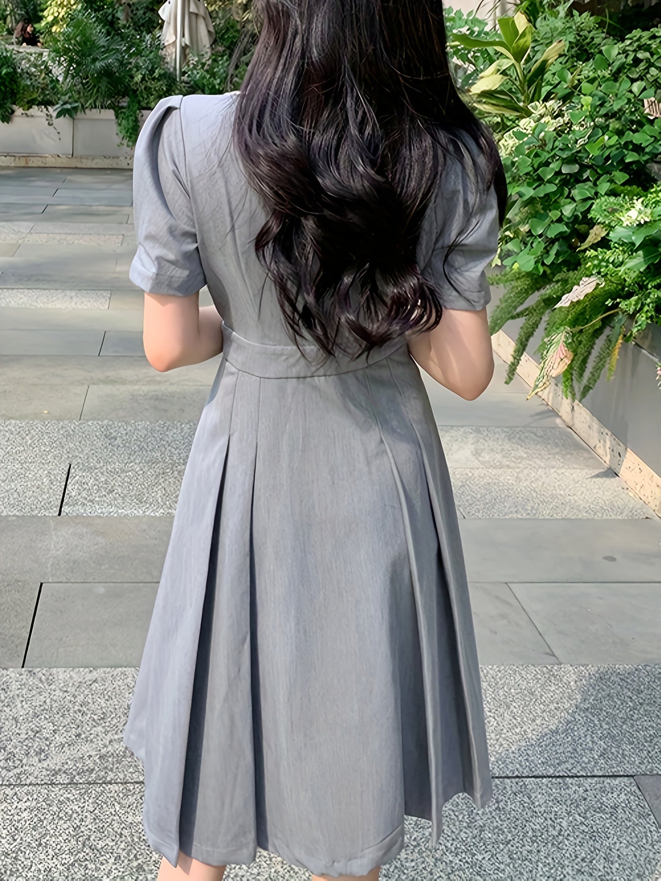 Sixsr Button Front Tucked Dress, Elegant Puff Sleeve V Neck Dress, Women's Clothing