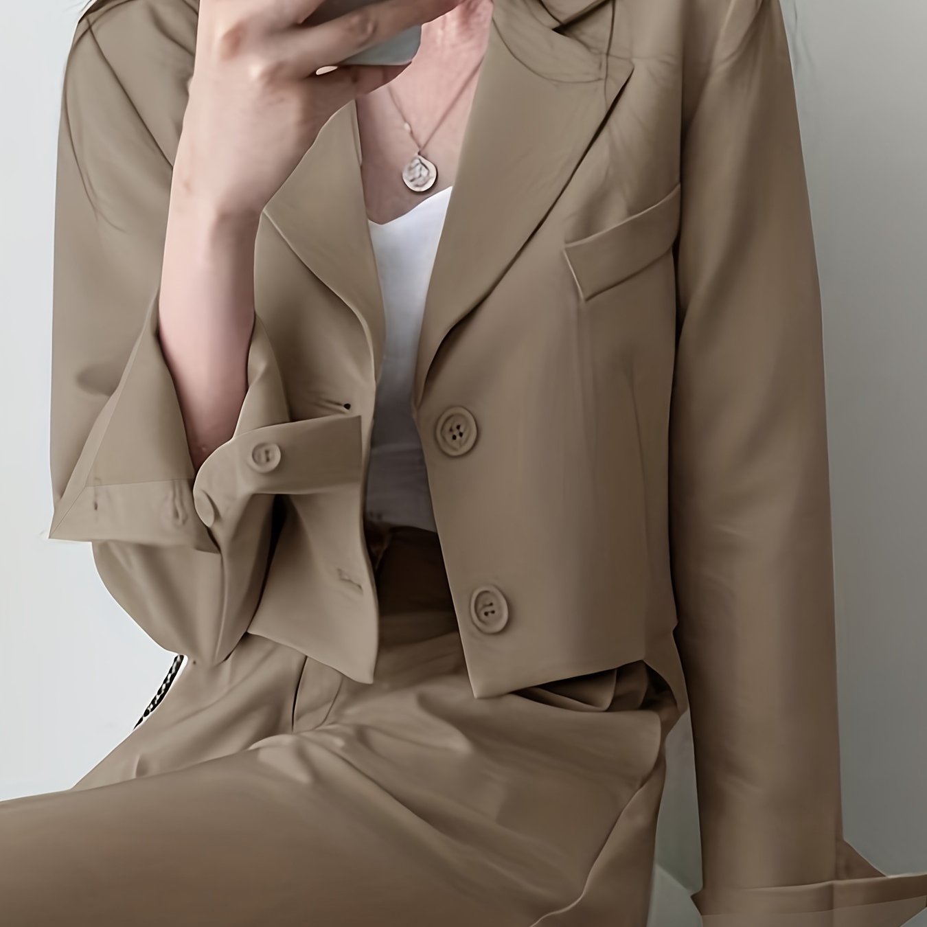 Sixsr Solid Button Front Crop Blazer, Elegant Lapel Long Sleeve Blazer For Office & Work, Women's Clothing