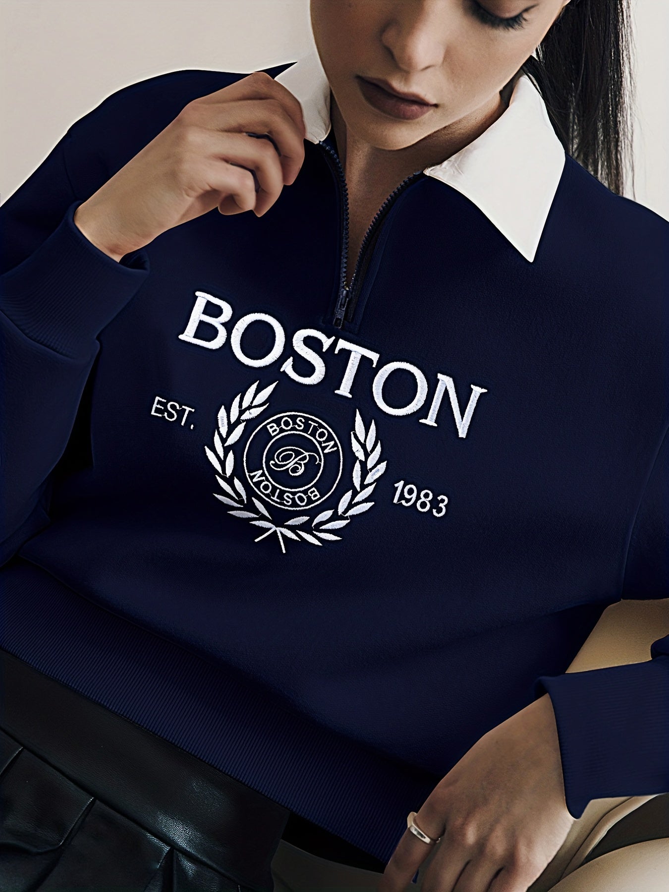 Sixsr Boston Print Zip Sweatshirt, Casual Long Sleeve Polo Collar Sweatshirt, Women's Clothing