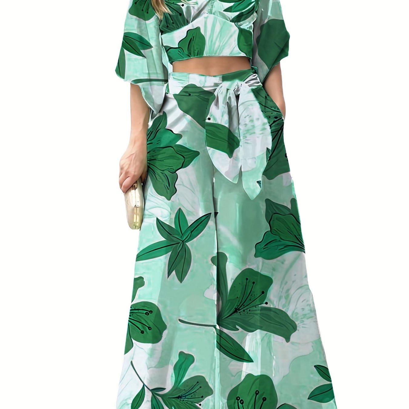 Floral Print V-neck Lace Up Suit, High Waist Wide Leg Pants And Lantern Sleeve V-neck Top Set, Women's Clothing