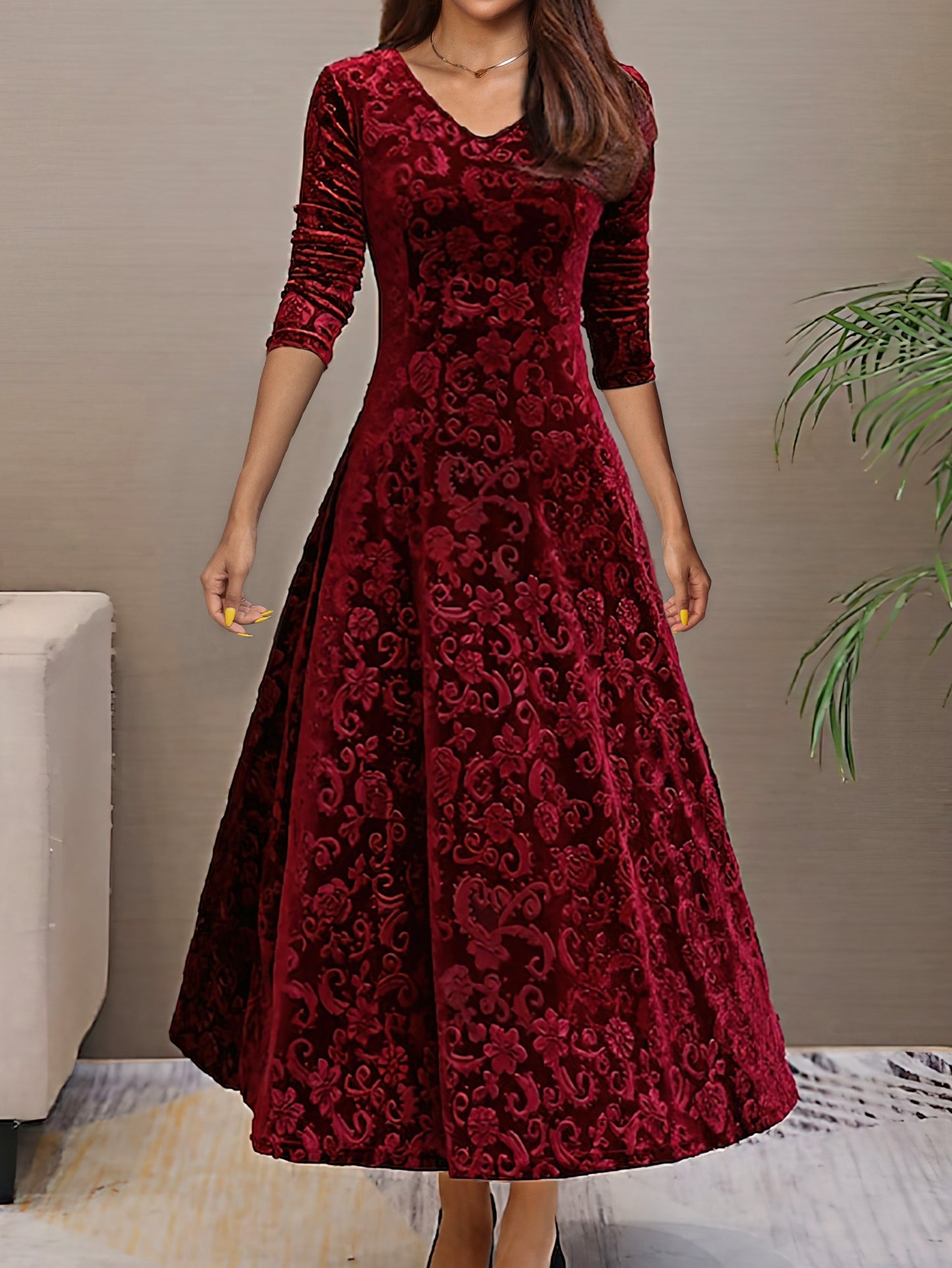 Sixsr Solid Color Long Sleeve Dress, Elegant V Neck Flared Dress For Spring & Fall, Women's Clothing