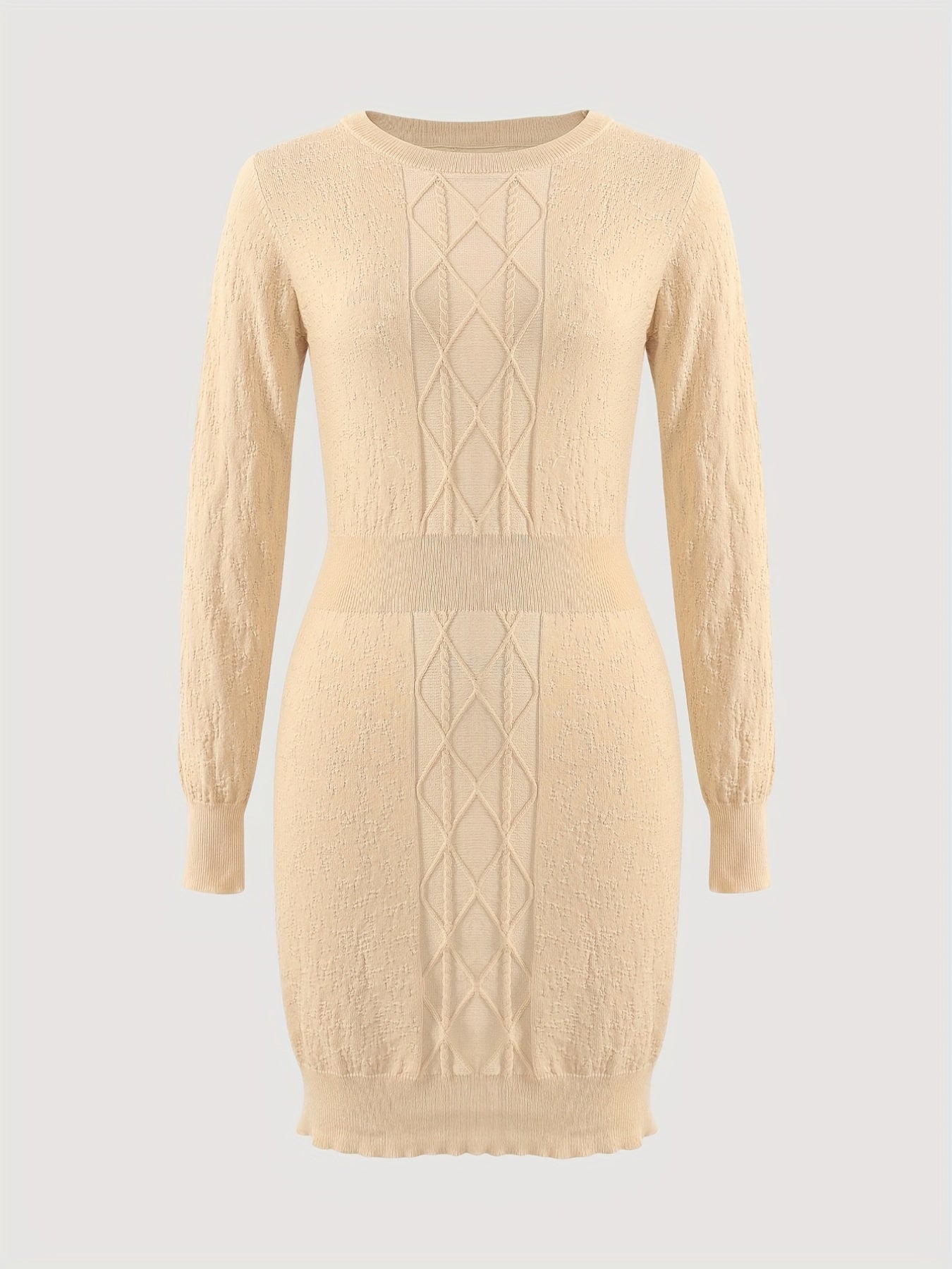 Sixsr Solid Long Sleeve Knit Dress, Casual Crew Neck Cinched Waist Dress For Spring & Fall, Women's Clothing