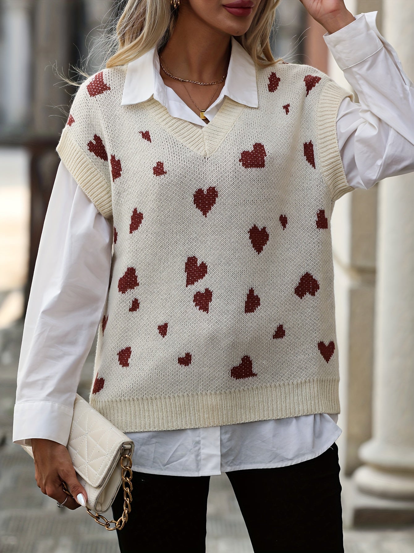 Sixsr Heart V Neck Knitted Sweater Vest, Casual Sleeveless Vest, Women's Clothing