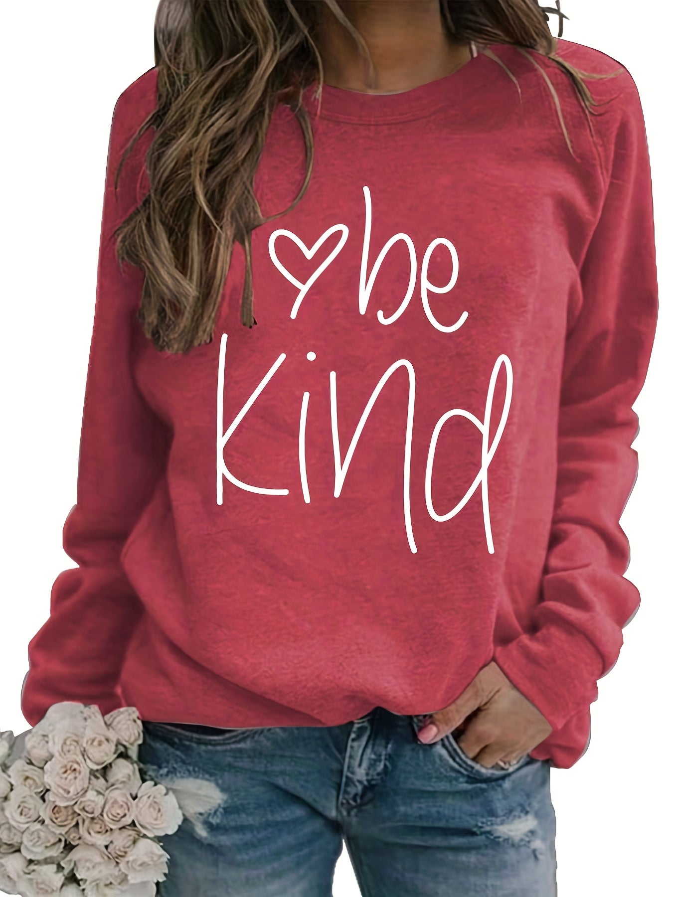 Sixsr Be Kind Letter Print Sweatshirt, Long Sleeve Crew Neck Pullover Sweatshirt, Casual Tops For Fall & Winter, Women's Clothing