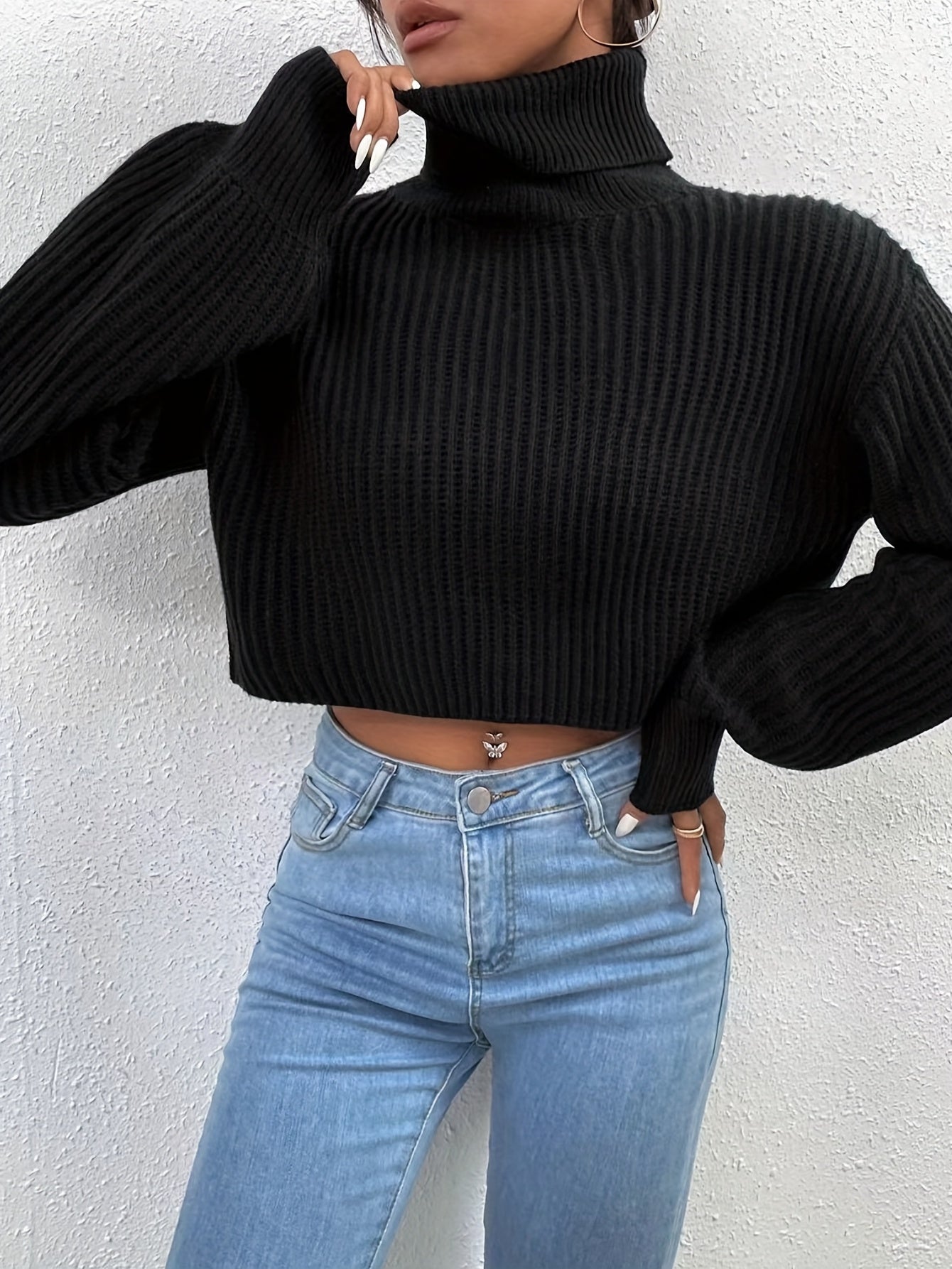 Sixsr Turtle Neck Drop Shoulder Cropped Sweater, Casual Long Sleeve Loose Fall Winter Knit Sweater, Women's Clothing