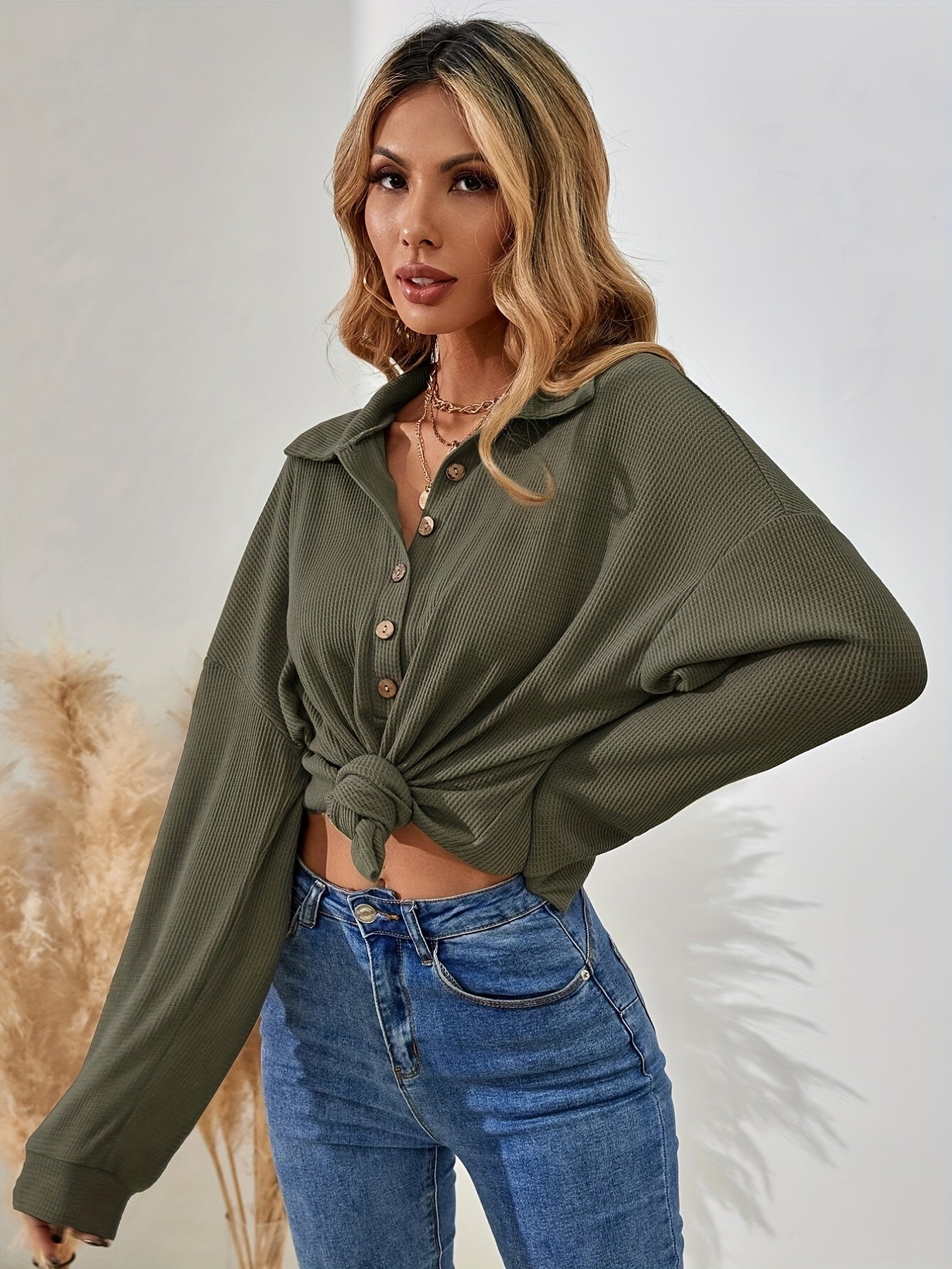 Sixsr Textured Half Button Pullover Sweatshirt, Casual Long Sleeve Lapel Sweatshirt For Fall & Winter, Women's Clothing