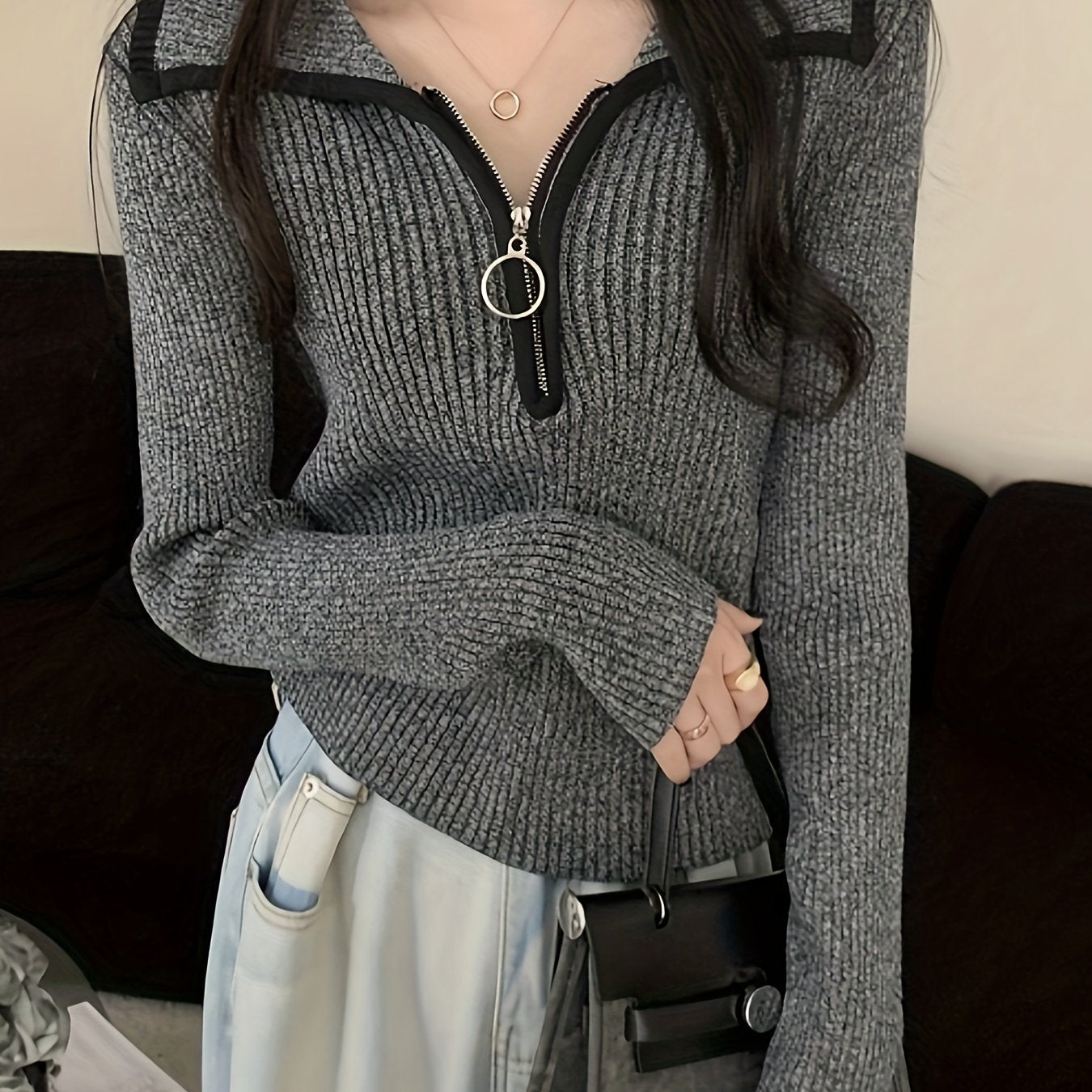 Sixsr Zip Turndown Collar Pullover Sweater, Casual Long Sleeve Slim Sweater, Women's Clothing