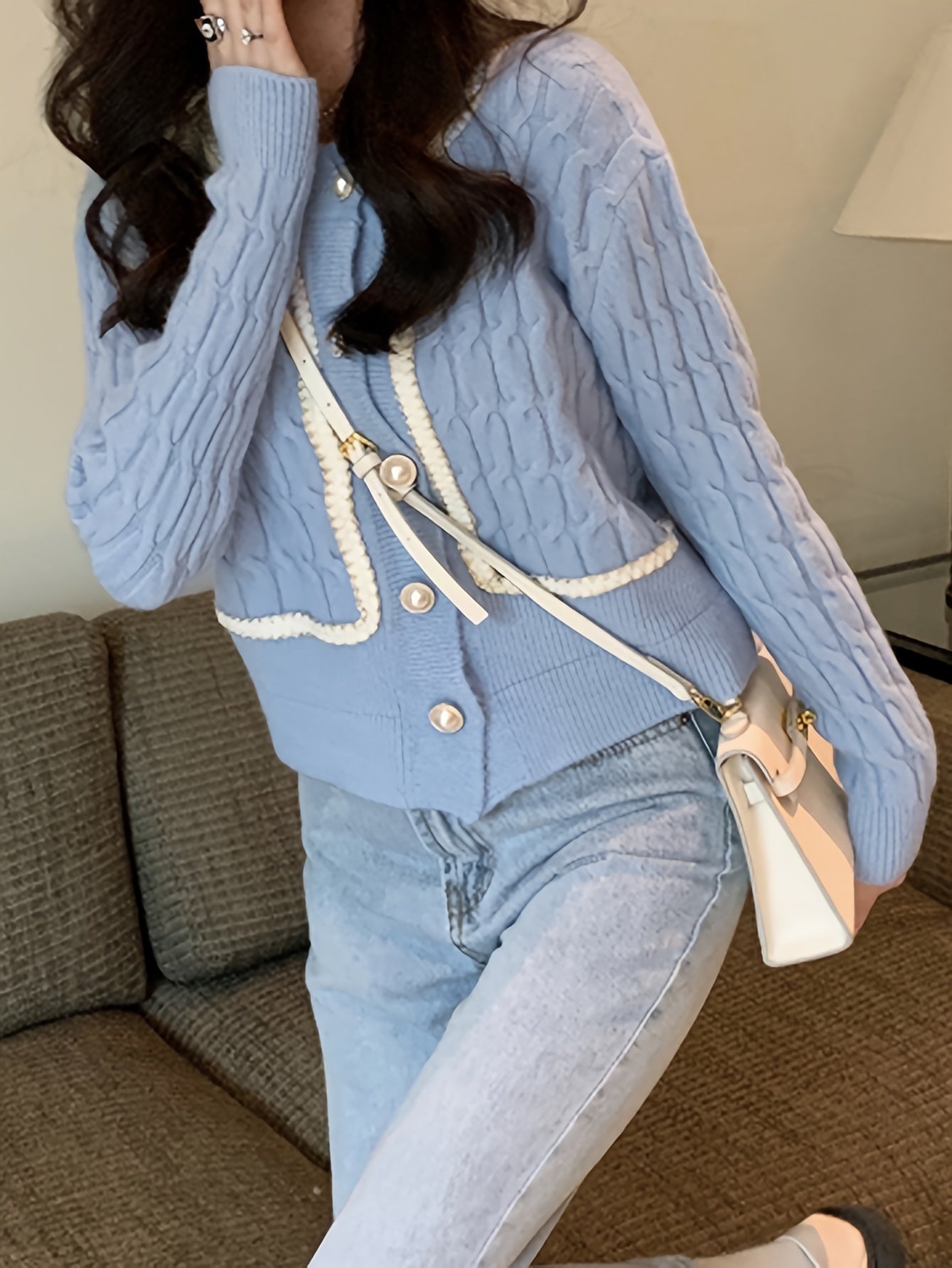 Sixsr Cable Knit Button Up Cardigan, Casual Crew Neck Long Sleeve Sweater, Women's Clothing