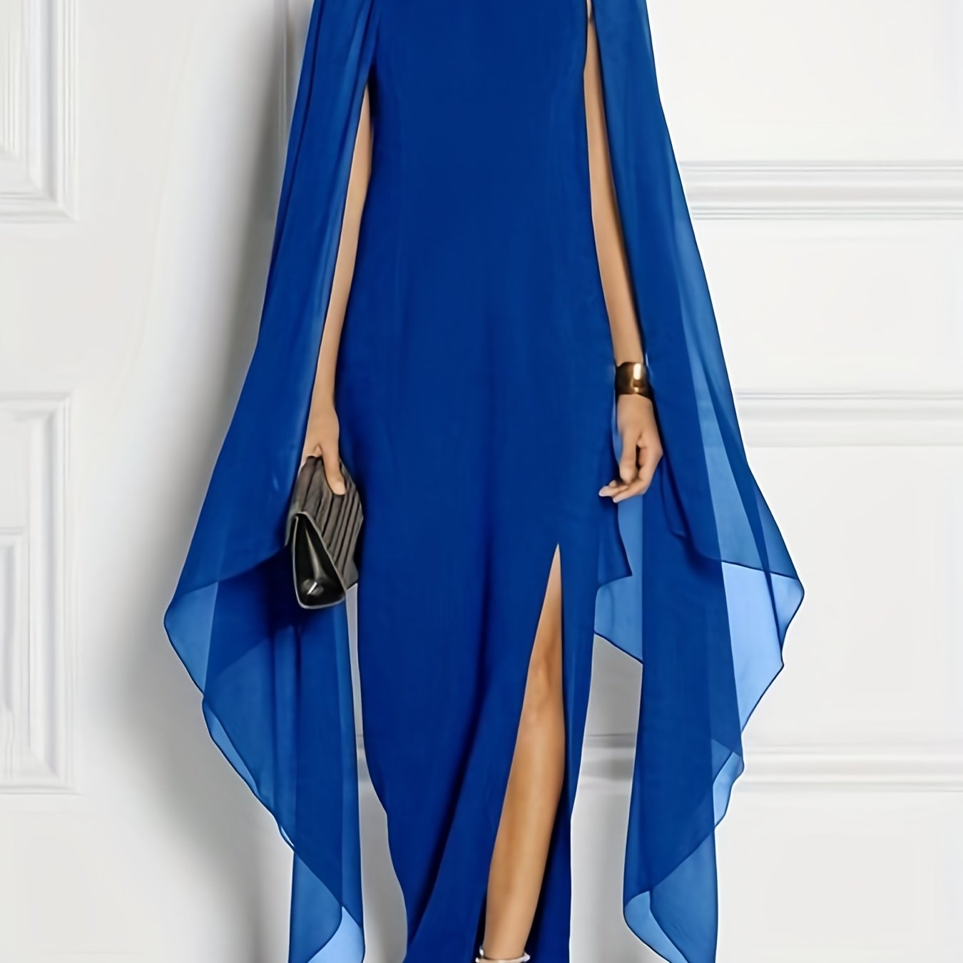 Sixsr Plus Size Elegant Bridesmaid Dress, Women's Plus High Split Flare Sleeve Slight Stretch Maxi Formal Dress With Cape