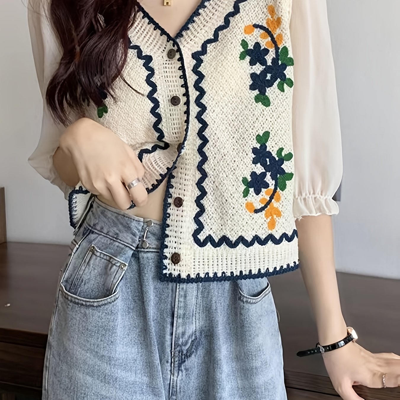Sixsr Floral Embroidery Button Front Cardigan, Vintage V Neck Sleeveless Sweater For Spring & Summer, Women's Clothing