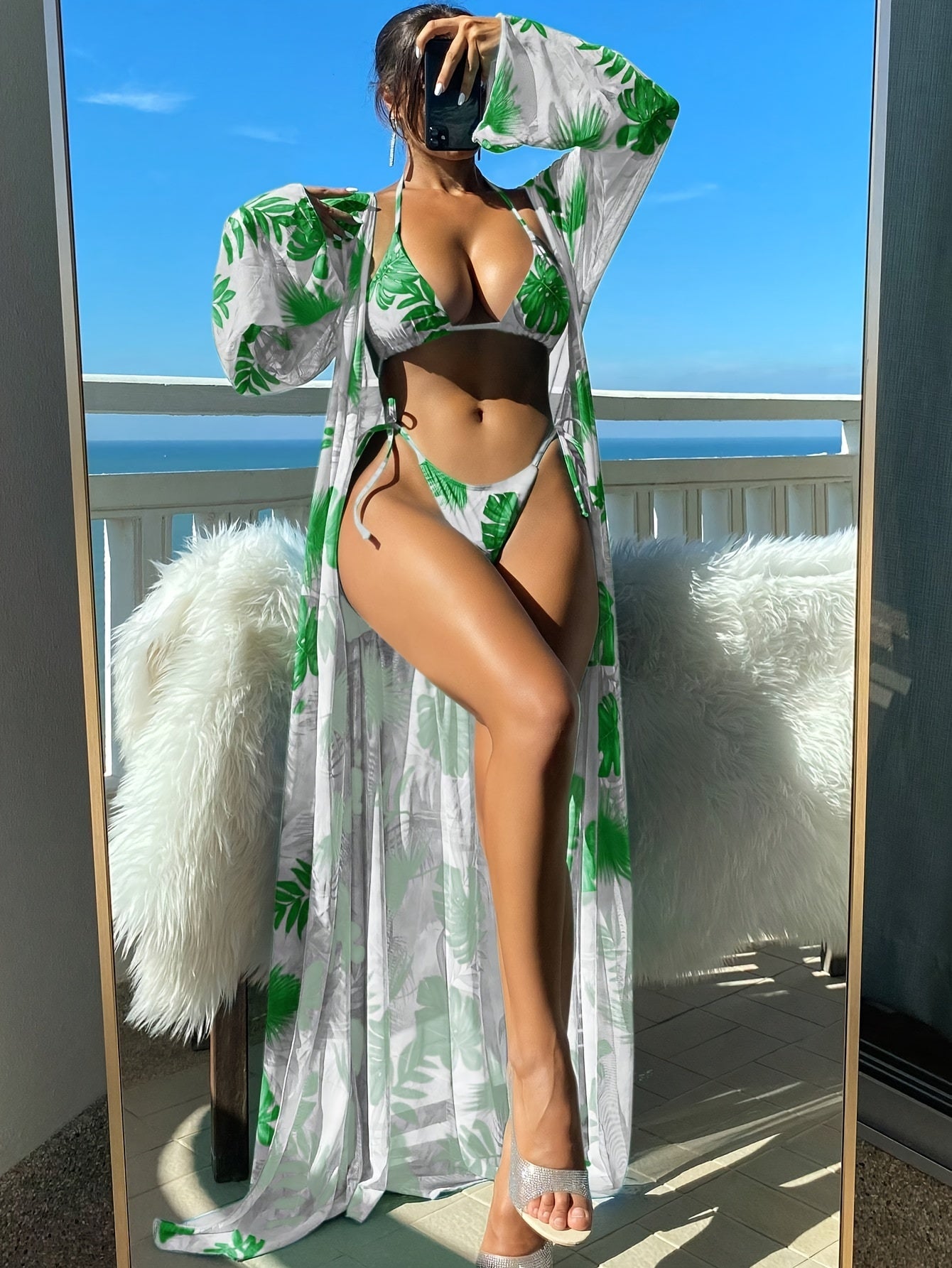 Sixsr Tropical Leaf Print Stretchy 3 Piece Set Bikini With Long Sleeve Kimono, Halter Stretchy Tie Strap Swimsuits, Women's Swimwear & Clothing