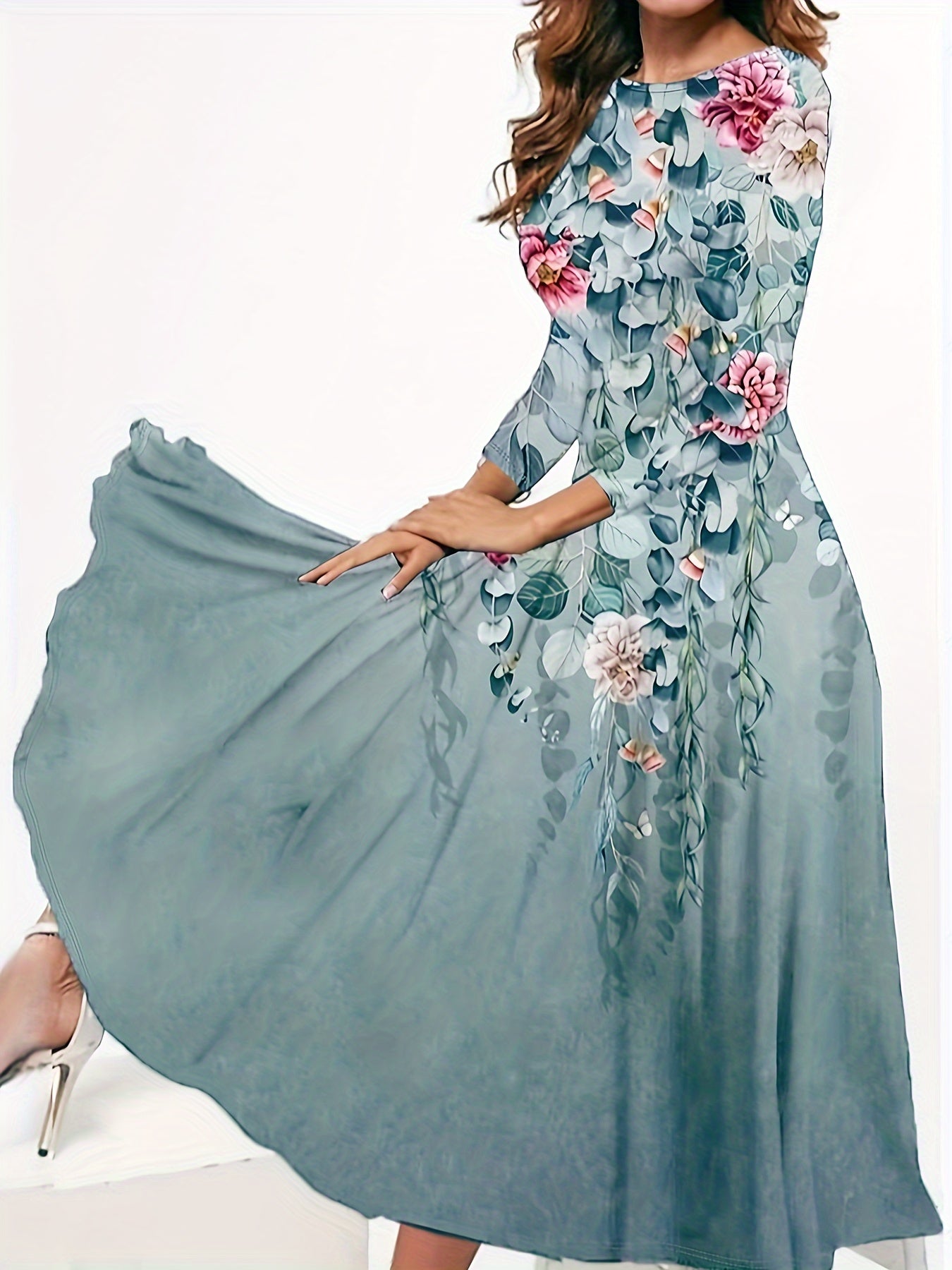 Sixsr Vintage Floral Print Dress, Elegant Crew Neck Long Sleeve Dress, Women's Clothing