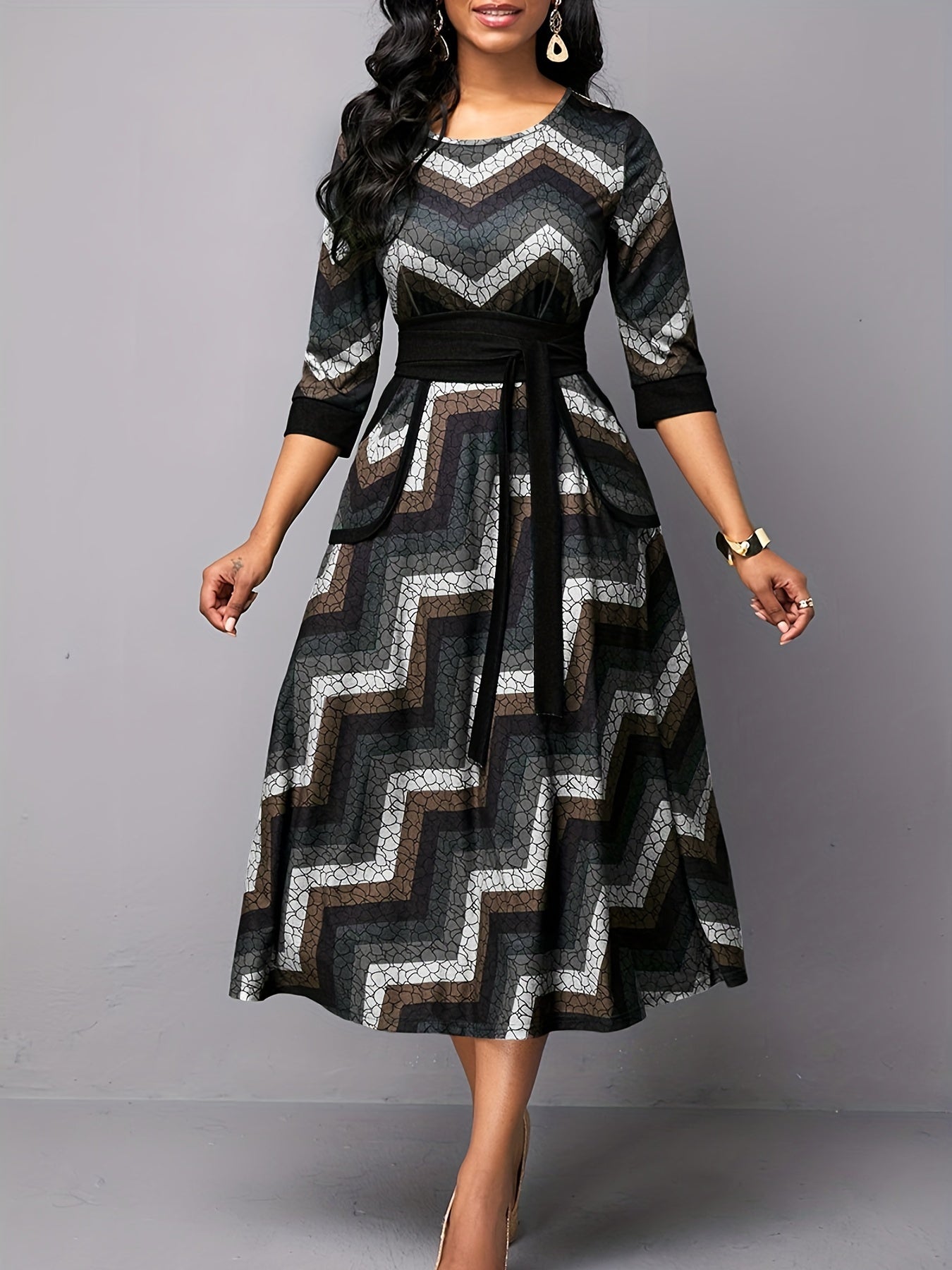 Sixsr Geo Print Tie Front Dress, Casual Pocket Crew Neck Half Sleeve Dress, Women's Clothing