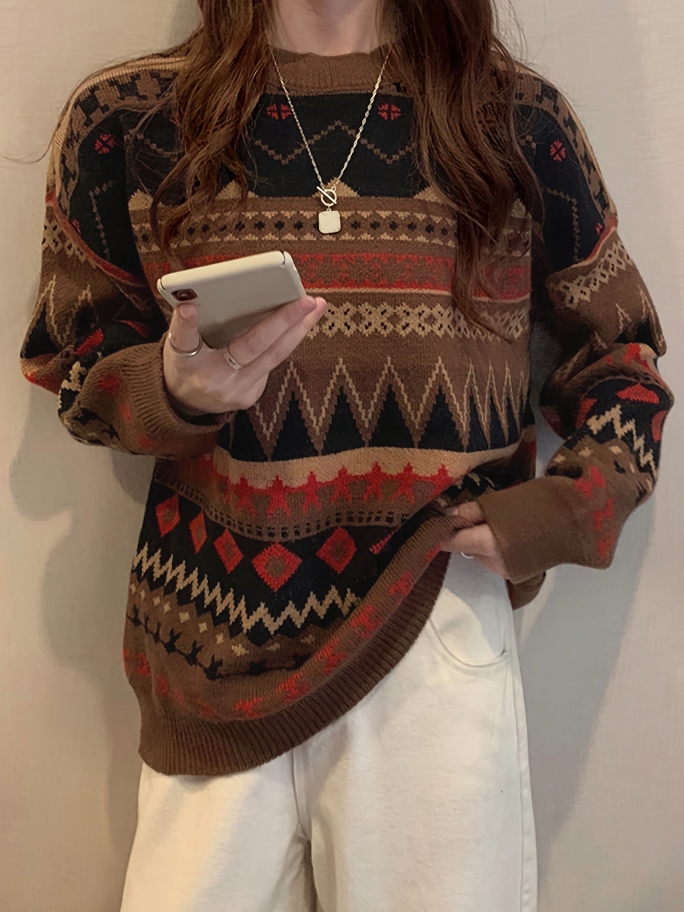 Sixsr Geo Pattern Crew Neck Pullover Sweater, Vintage Long Sleeve Loose Sweater, Women's Clothing