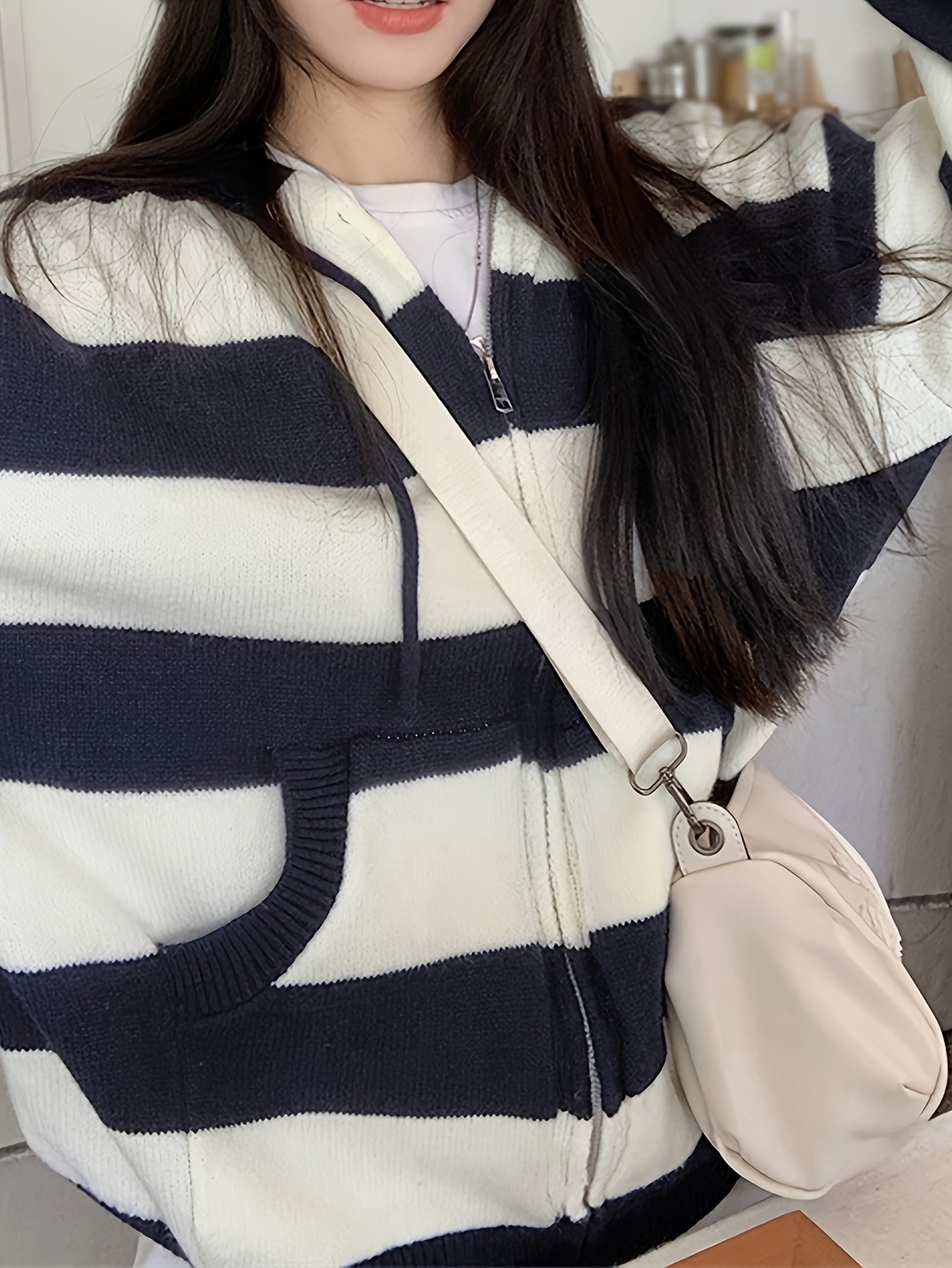 Sixsr Striped Zip Up Drawstring Hooded Sweater, Casual Long Sleeve Loose Sweater With Pocket, Women's Clothing