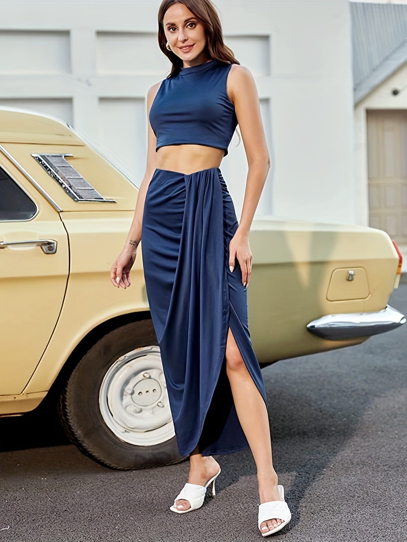 Two-piece Skirt Set, Crop Tank Top & Ruched Split Front Skirt Outfits, Women's Clothing