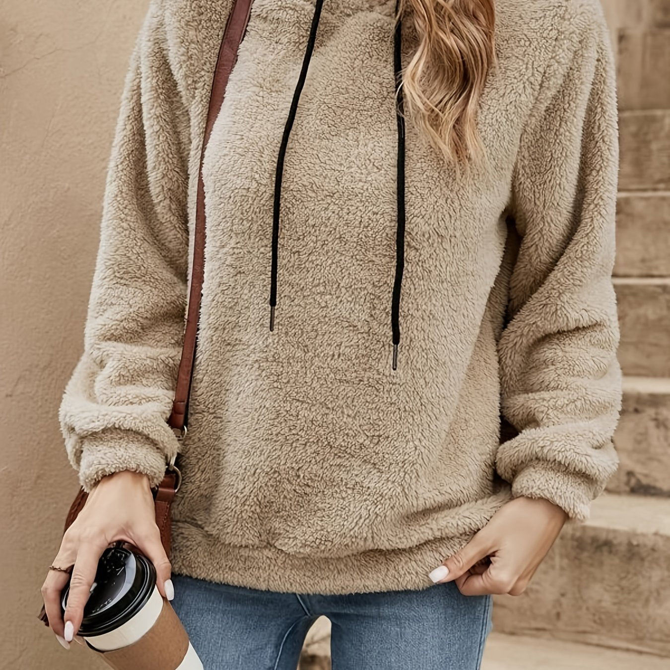 Sixsr Solid Color Drawstring Teddy Hoodie, Casual Long Sleeve Hoodie Sweatshirt, Women's Clothing