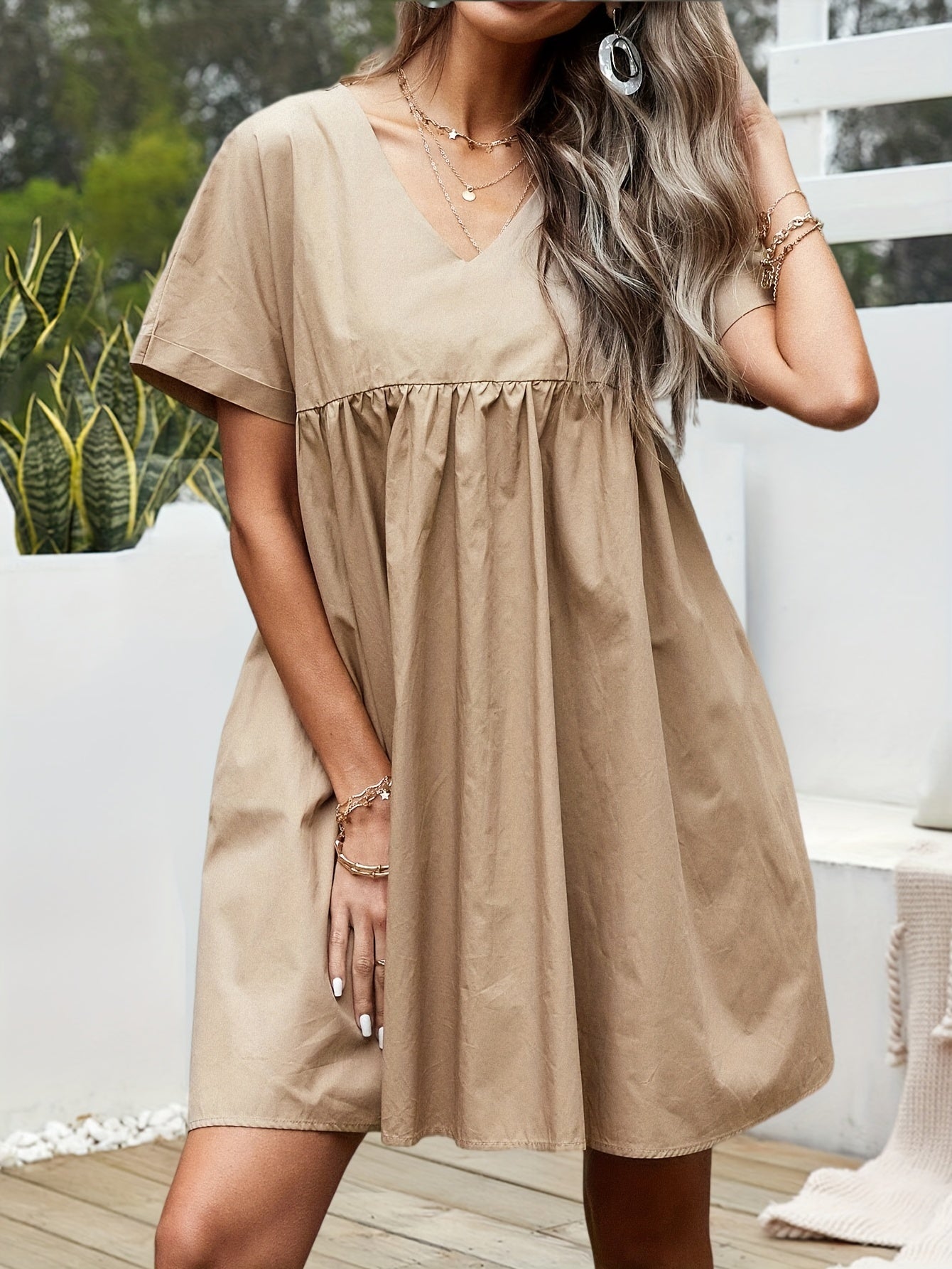 Sixsr Ruched Solid Mini Dress, Casual V Neck Short Sleeve Dress, Women's Clothing