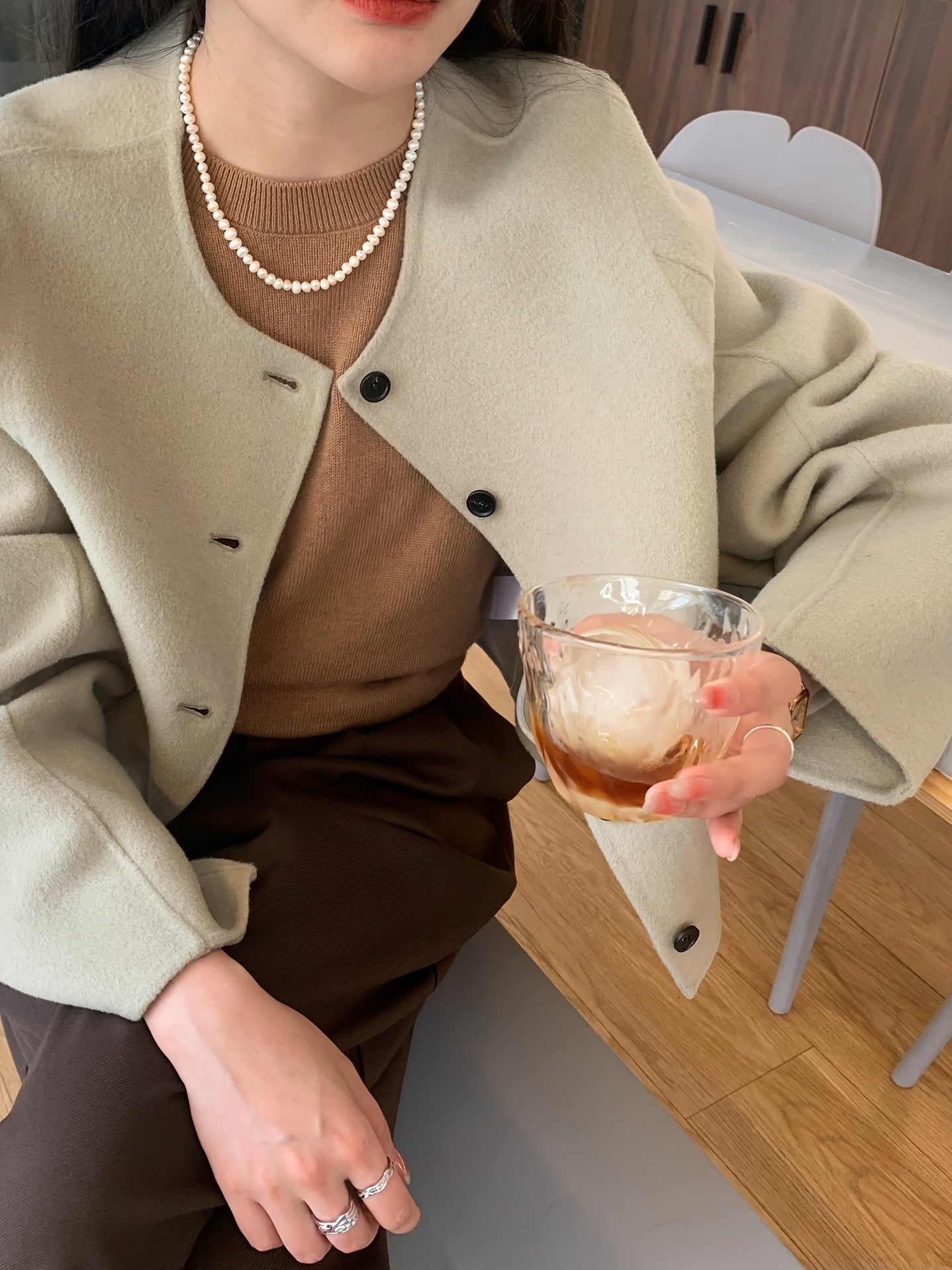 Sixsr Button Front Solid Fall & Winter Jacket, Elegant Crew Neck Long Sleeve Outerwear, Women's Clothing