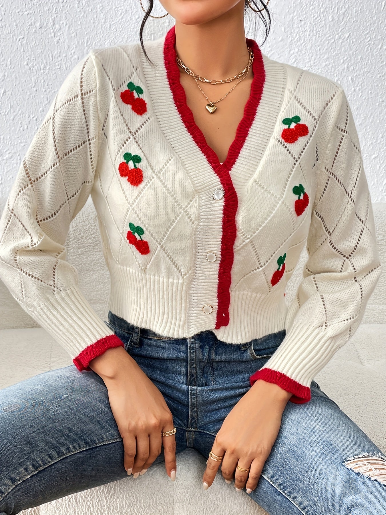 Sixsr Cherry Pattern Button Down Pointelle Knit Cardigan, Casual Long Sleeve Crop Sweater, Women's Clothing