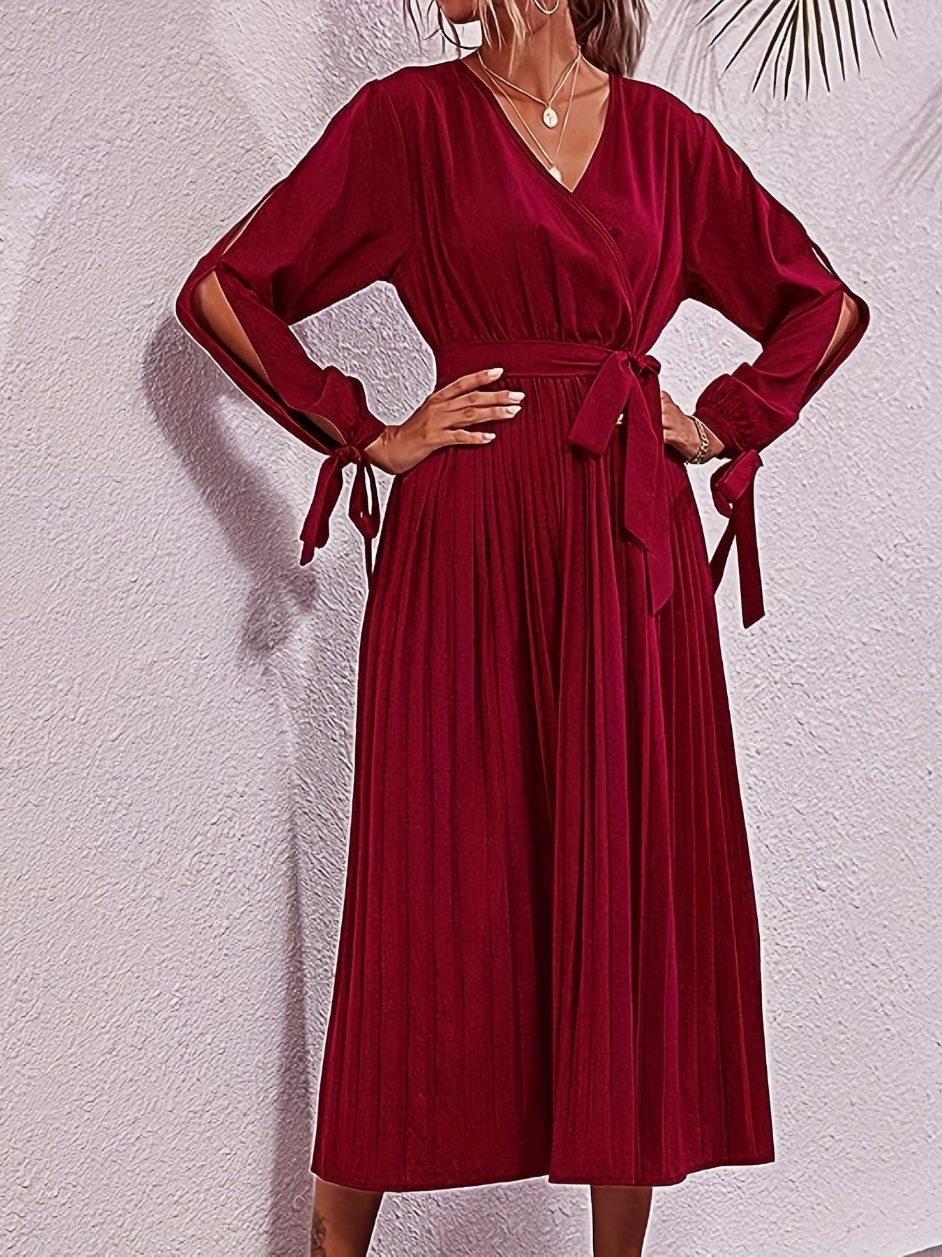 Sixsr Plus Size Elegant Dress, Women's Plus Solid Knot Cut Out Long Sleeve Surplice Neck Maxi Pleated Dress With Belt