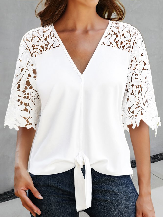 Sixsr Elegant Cut Out Solid T-Shirt, V Neck Petal Sleeve Top For Summer & Spring, Women's Clothing